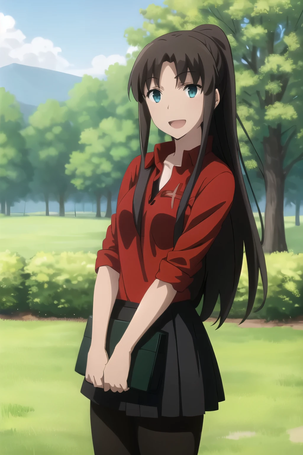 best quality, (masterpiece:1.2), highly detailed,
outdoors, tree, grass,
tohsaka rin,
1girl, solo, standing, looking at the viewer, from front, open mouth, smile,
long hair, brown hair, blue eyes,
red shirt, collarbone, miniskirt, black skirt, black pantyhose, 