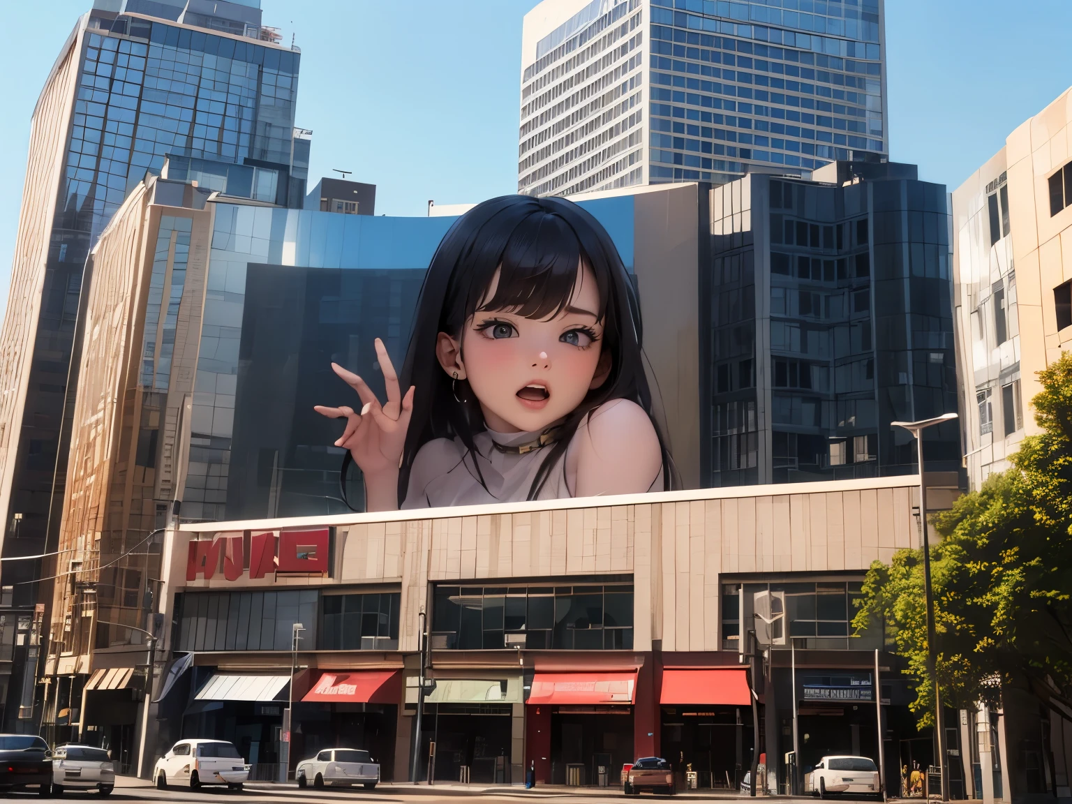 Downtown, porn movie theaters, focus on giant advertising boards,