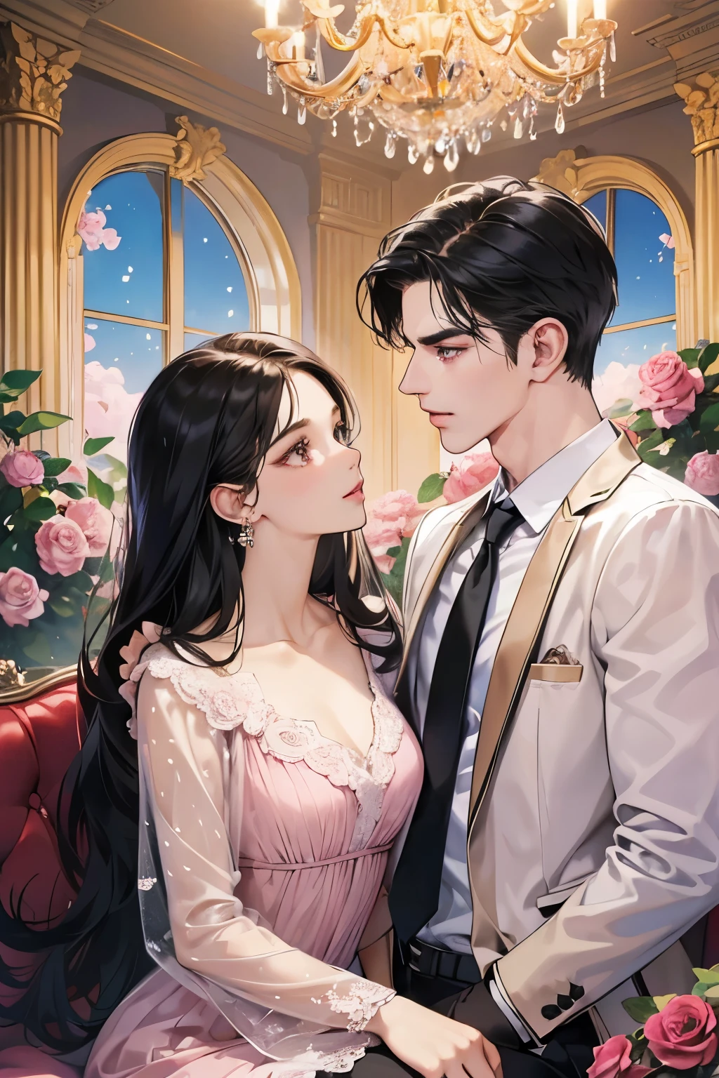 (table top, digital art, digital illustration, 4k, 8k, Super detailed, beautiful images, clear image, realistic, RAW photo, perfect face, perfect lines, perfect eyes, soft lighting) 1 female, (long black hair,straight hair,bullish look,Beautiful woman,mode、one piece、solid makeup,23 year old female,small breasts:1.3),Two handsome men in suits, (human,man wearing a suit,muscular,solid shoulder width,adult male,boyish hairstyle,british gentleman style、A man in his 30s with a cool expression,28 year old man with a bright smile:1.2),antique furniture,antique clamp,antique chair,chandelier,crystal glass,luxury,fantastic light,marble fireplace,(bouquet of pink roses:1.2),antique sofa,Leather sofa,kiss、couple、couplekiss、romance porn、見つめ合うcouple、ハグし合うcouple、