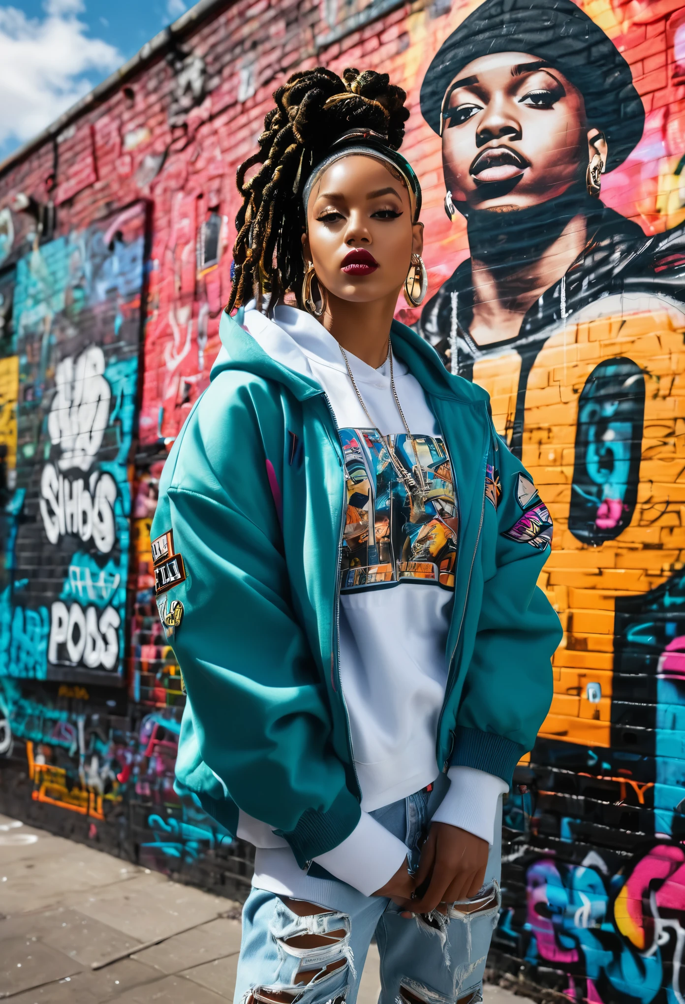 (best quality,4k,8k,highres,masterpiece:1.2),ultra-detailed,(realistic,photorealistic,photo-realistic:1.37),hip hop fashion,portrait,colorful,retro,vibrant colors,pixelated style,detailed facial features,expressive eyes and lips,urban background,stylish clothing,cool poses,graffiti details,shiny accessories,cultural elements,street art vibes,dynamic lighting,creative composition,striking contrasts,stylized hair,funky patterns,oldschool vibes,confident expressions,energetic atmosphere,hip hop music influence,playful attitude,urban fashion trends,artistic expression,emotionally charged,uniqueness and individuality,lively characters,positive energy,detailed textures,street style fashion,eye-catching poses,authentic representation,creative .