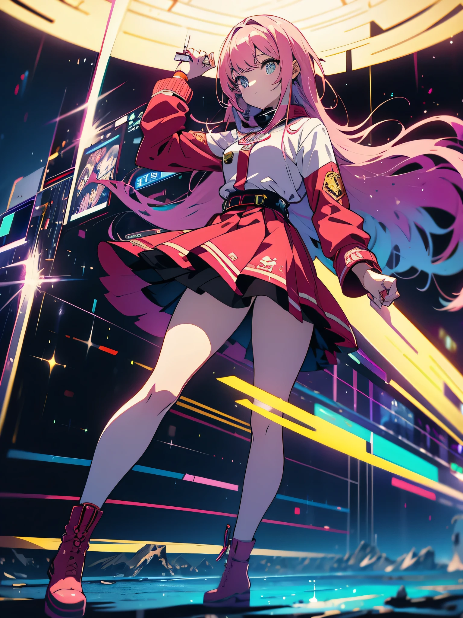 (High resolution, highest quality, masterpiece), very high quality, (be familiar with、shining eyes), anime, An illustration, fantasy, hard rock girl, so beautiful、cute, pink wavy hair, side blade, mini skirt, knee high socks, Engineer boot, background:Cyberpunk City Galaxy 、(美しいanime)
