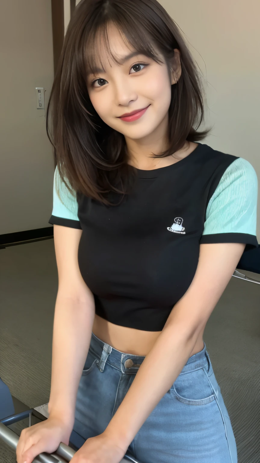 (((1girl)))((best qualtiy, 8K, tmasterpiece:1.3)),((Sharp:1.2, perfect figure beautiful woman:1.4, Slim abs:1.2)), ((Layered Hair Style, huge tit:1.3)),((Highly detailed facial and skin texture,A detailed eye,Black eye,double eyelid, droopy eyes)),(japan girl:1.5)(Brown Hair,Bob Cut)(Short-sleeved shirt:1.8),(in cart:1.3)Impish Smile