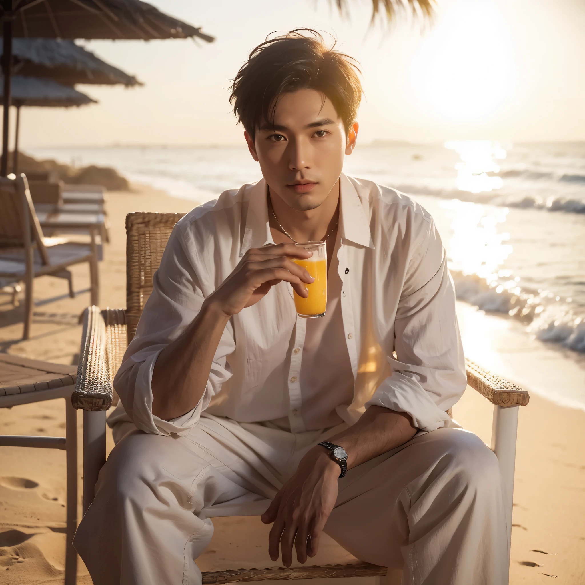 Arafed man sitting on a chair drinking a drink on the beach - SeaArt AI