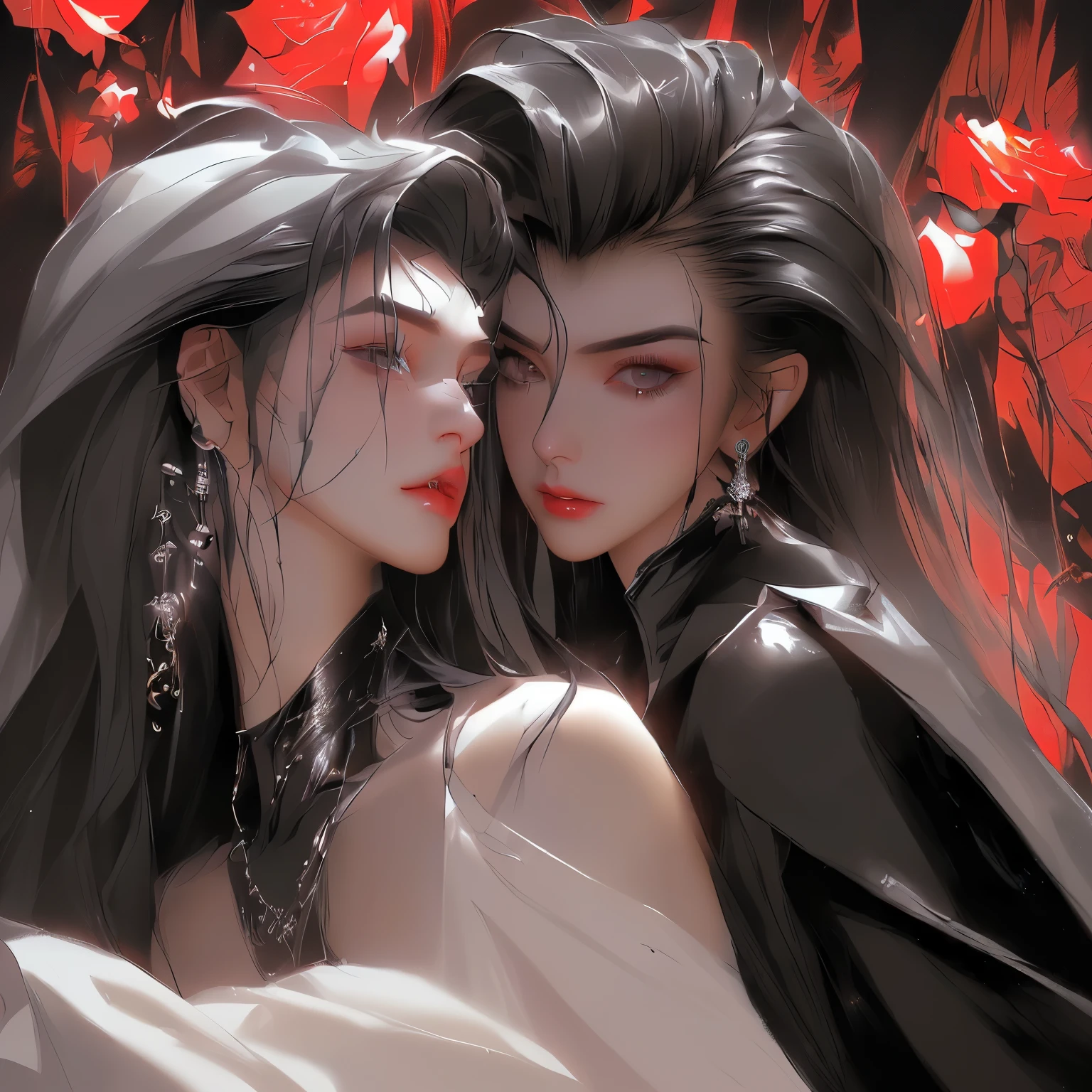 20-year-old teenager,dark theme, Lucy_cyberpunk,male,Beautiful fair skin,realistic,Exquisite and complete facial features )Detailed facial depiction,high nose bridge,Red-lipped rose;Refreshing and smooth hair (High top fade in and out:1.3), dark theme, Lucy_cyberpunk, White off-the-shoulder jacket, black jumpsuit, bare shoulders, white shorts, white short hair, Bangs, eyeliner, Hip vents, looking at the audience, Upper body,fantasy