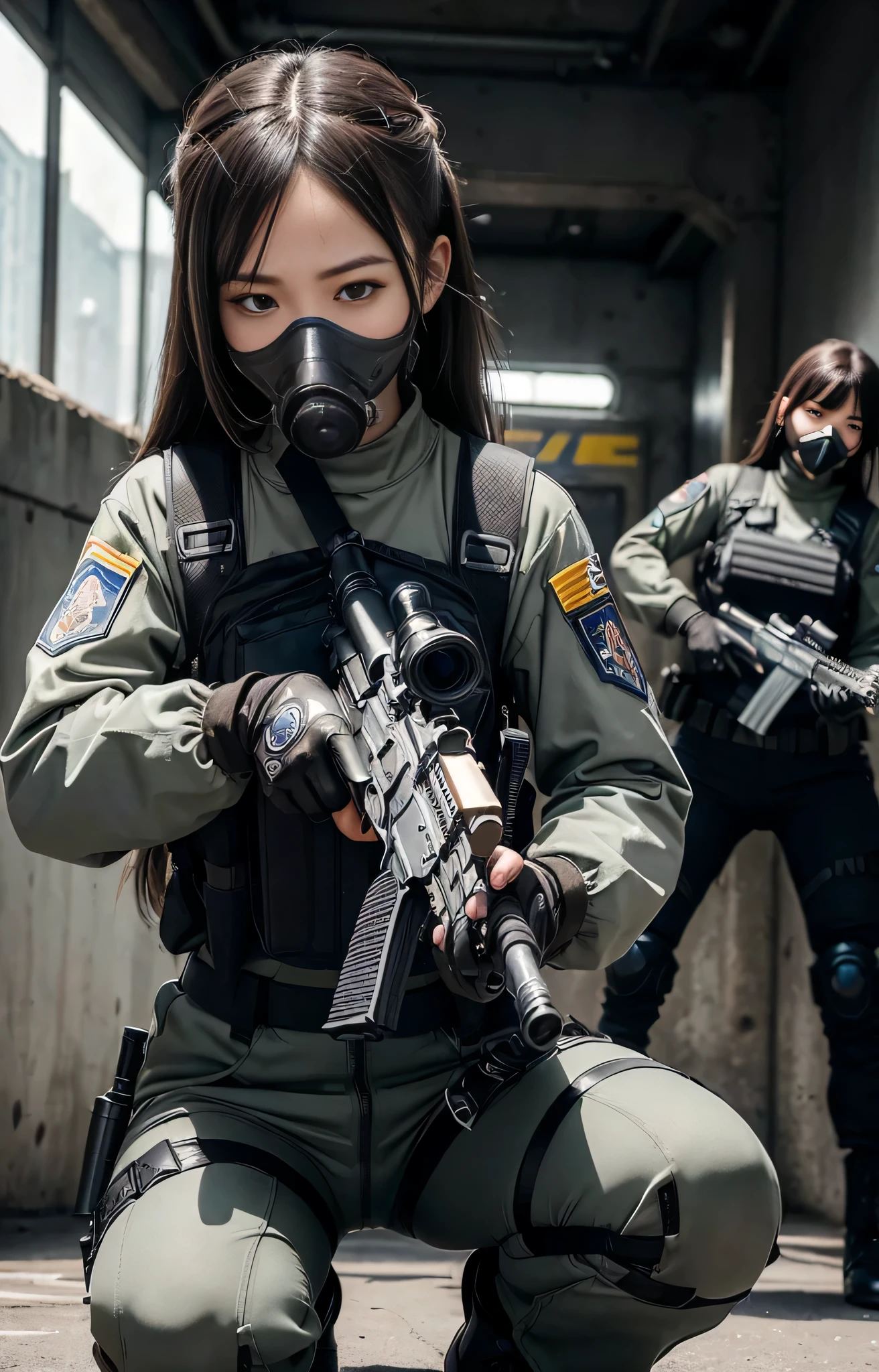 ((best quality)), (masterpiece), photorealistic, photorealism, 1girl full body, aiming with an assault rifle, another girl squatting behind, Combat pose, explosion background, Photorealistic, high resolution, (Detailed face), looking to the camera, (wearing rash-guard likes police uniform, gloves,black and gray mecha, wearing futuristic-gasmask, military harness, holding a machinegun, carrying hich-tech-launcher), background grey, Fingers are occluded