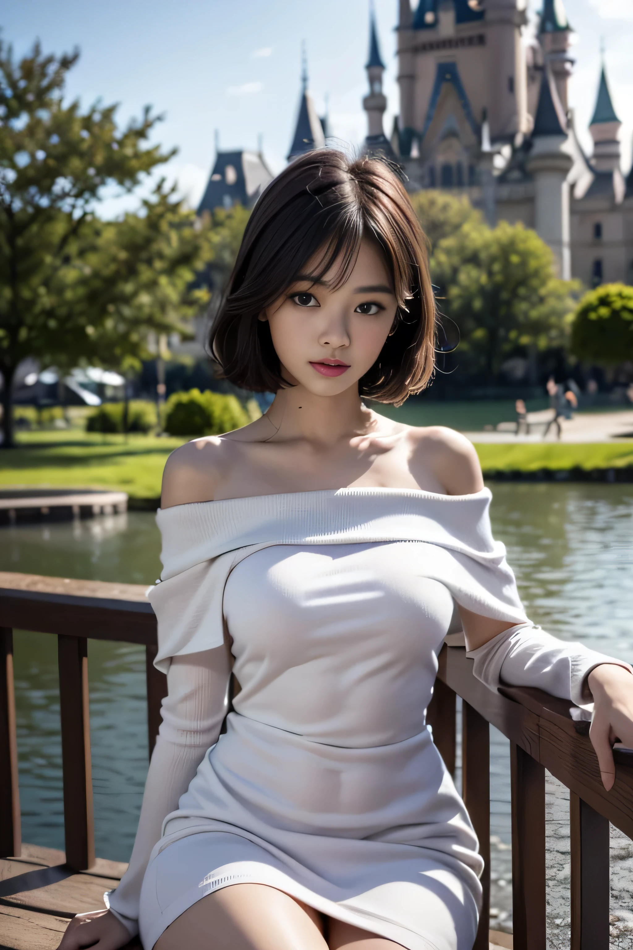 (古城のベンチにsitting女の子),bright look、young shiny glossy white shiny skin、Best Look Rondo Reflective Light、(golden white hair with dazzling highlights)、shiny bright hair,、super long straight hair、Shining beautiful bangs、輝くクリスタルクリアな魅力的な大きな青いeye、A very beautiful and lovely cute 16 year old girl、rich bust,緻密で美しいeye, beautifully detailed nose,(( whole body:1.5)),eye元を強調するメイク、,(A woman like Joan of Arc)、royal style，comic style, , Scattered under the surface, gorgeous details, nature background, super huge breasts, ((cinematic)), dramatic lighting, table top、((Transparent off-shoulder white shirt dress:1.4))、(Loosen perm:1.4)、1 girl、((bob hair:1.3))、Ultra realistic 8k CG, 絵に描いたようなperfection顔, perfection, clean, table top, professional artwork, famous works, perfection顔, beautiful face, 美しいeye, ((perfection女性の体)), alone,(An immersive atmosphere, chiaroscuro:1.5,bright light:1.2,bright lighting),(blush:0.5),attractive appearance,very detailed_eye,thick thighs,big,Beautiful and detailed background,Depth of written boundary,realistic:1.3, long shot,sitting, whole body, (ambient light:1.3),(cinematic composition:1.3),(neon light:0.1),(nffsw:0.1),accent lighting, pantyhose,(Old European castles are hazy in the background),(You can see the white lace panties)