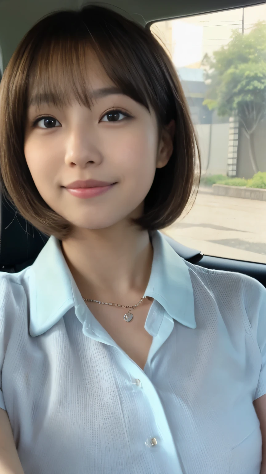 (((1girl)))((best qualtiy, 8K, tmasterpiece:1.3)),((Sharp:1.2, perfect figure beautiful woman:1.4, Slim abs:1.2)), ((Layered Hair Style, huge tit:1.3)),((Highly detailed facial and skin texture,A detailed eye,Black eye,double eyelid, droopy eyes)),(japan girl:1.5)(Brown Hair,Bob Cut)(No-collar shirt:1.8),(in car:1.3)Impish Smile
