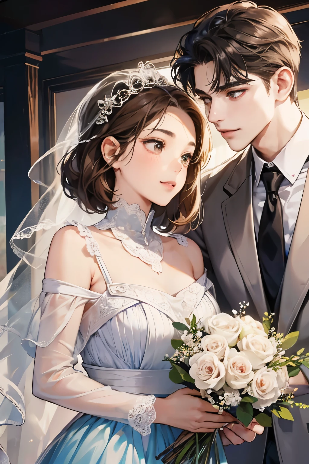 (table top, digital art, digital illustration, 4k, 8k, super detailed, beautiful images, clear image, realistic, RAW photo, perfect face, perfect lines, perfect eyes, soft lighting) 1 female, (light brown hair,chignon hair,innocent look,droopy eyebrows,droopy eyes,With a round face,round chin、innocence,cute,Big eyes,natural makeup,smile gently,E cup,23 years old:1.3),Two handsome men in suits, (human,man wearing a suit,muscular,solid shoulder width,adult male,boyish hairstyle,A man in his 30s with a cool expression,28 year old man with a bright smile:1.2),coastal、beach wedding,(embarrassing,shy smile,bouquet:1.2),Sea side、kiss、カップルkiss、romance porn、couple looking at each other、couple hugging each other