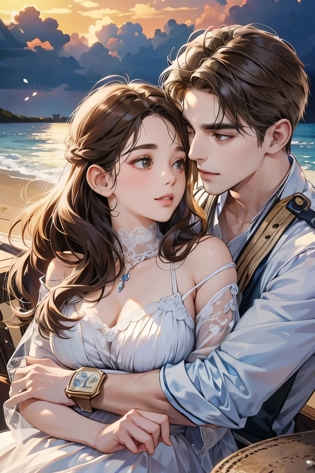 (table top, digital art, digital illustration, 4k, 8k, super detailed, beautiful images, clear image, realistic, RAW photo, perfect face, perfect lines, perfect eyes, soft lighting) 1 female, (light brown hair,chignon hair,innocent look,droopy eyebrows,droopy eyes,With a round face,round chin、innocence,cute,Big eyes,natural makeup,smile gently,E cup,23 years old:1.3),Two handsome men in suits, (human,man wearing a suit,muscular,solid shoulder width,adult male,boyish hairstyle,A man in his 30s with a cool expression,28 year old man with a bright smile:1.2),coastal、beach wedding,(embarrassing,shy smile,bouquet:1.2),Sea side、kiss、カップルkiss、romance porn、couple looking at each other、couple hugging each other