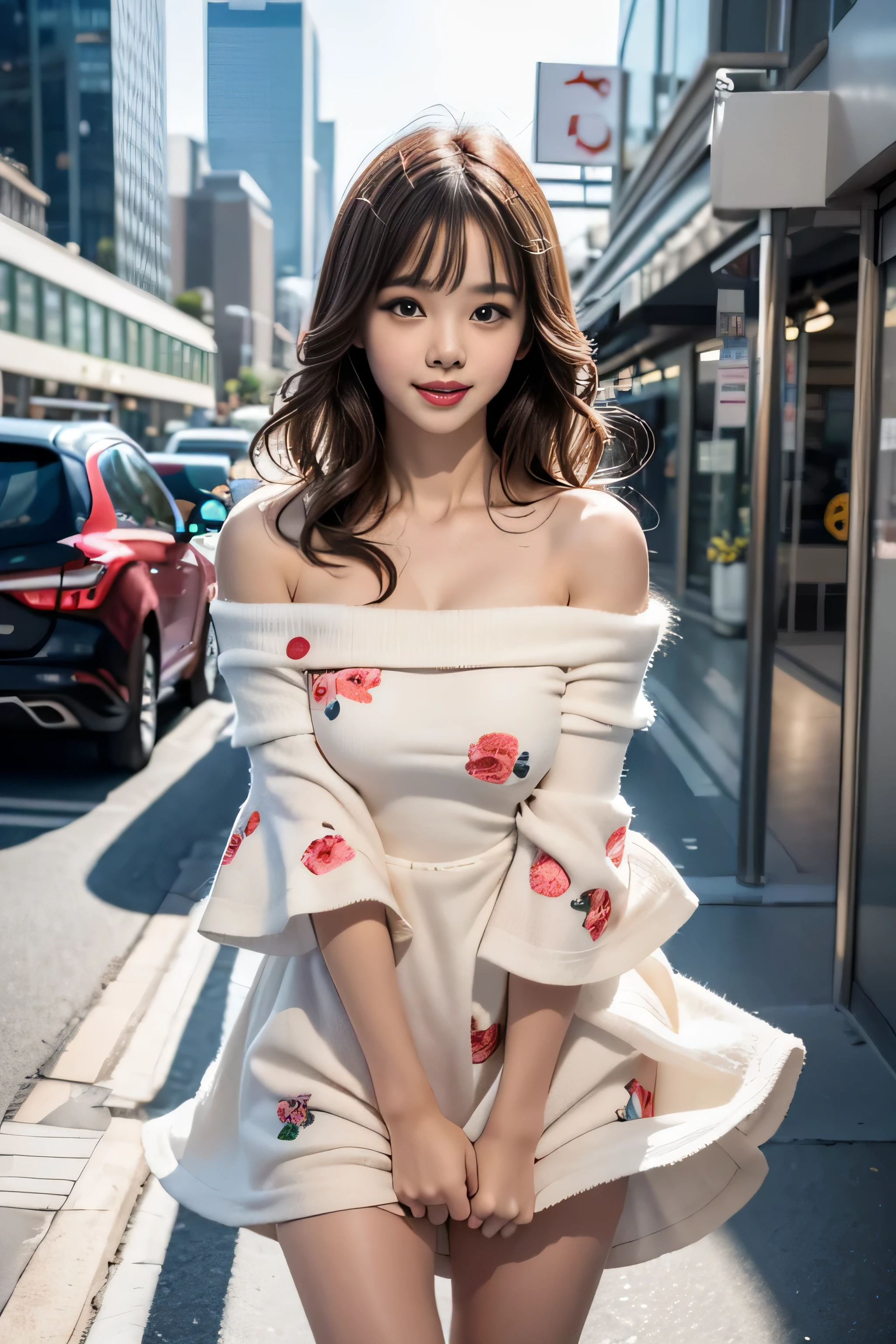 ((A girl standing on the sidewalk in an office district)）, silver hair, bangs, 鈍いbangs, long straight hair, aqua eye, long eyelashes, Solid Circle Eye, compensate, open your mouth, blush, parted lips, bright pupils, smiley, enchanting smile, shine, surrealism, modern、black pantyhose、high heels、（(pure white dress、floral dress、、off shoulder、: 1.6)）、Skyscrapers are hazy in the window４、((my skirt flies in the wind)),((close your eyes))、((yawning being)),((I can see T-back pants))