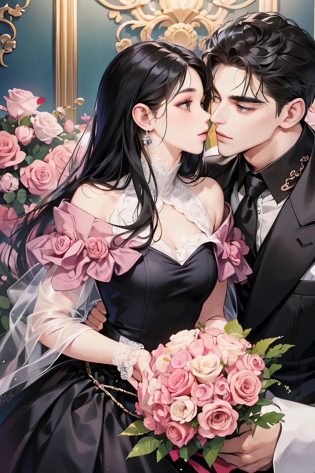 (table top, digital art, digital illustration, 4k, 8k, Super detailed, beautiful images, clear image, realistic, RAW photo, perfect face, perfect lines, perfect eyes, soft lighting) 1 female, (long black hair,straight hair,bullish look,Beautiful woman,mode、Vivid color dress、solid makeup,23 year old female,small breasts:1.3),Two handsome men in suits, (human,man wearing a suit,muscular,solid shoulder width,adult male,boyish hairstyle,british gentleman style、A man in his 30s with a cool expression,28 year old man with a bright smile:1.2),antique furniture,fantastic light,marble fireplace,(bouquet of pink roses:1.2),antique sofa,Leather sofa,kiss、couple、couplekiss、romance porn、見つめ合うcouple、ハグし合うcouple、