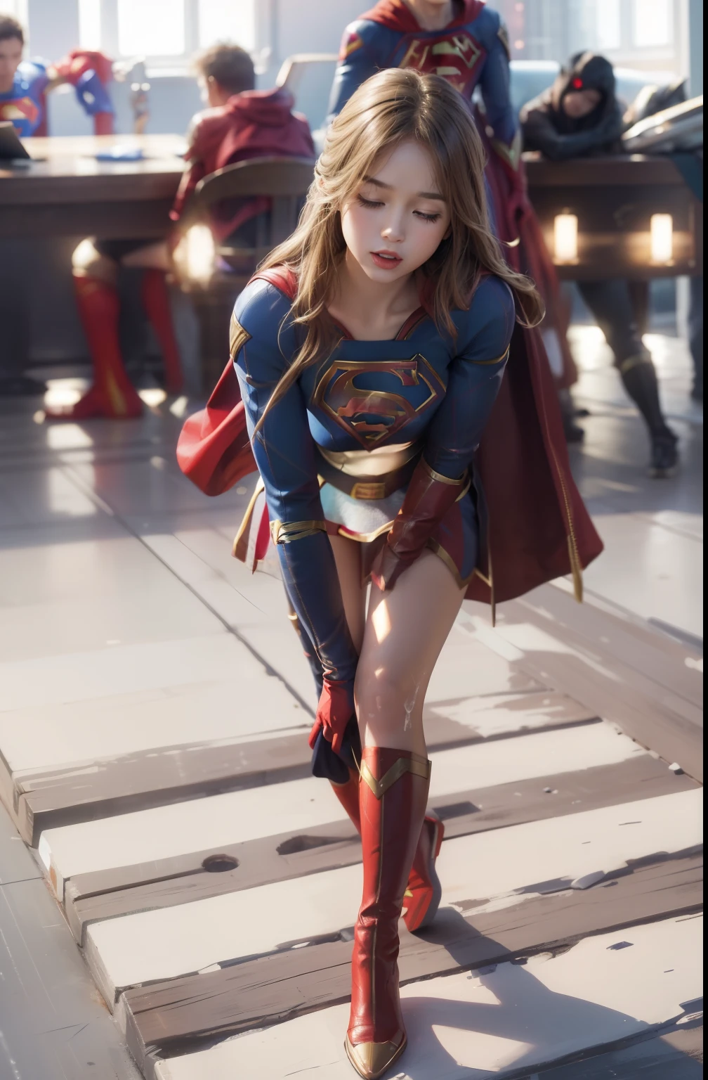 (((Make the most of your original images)))、(((supergirl costume)))、(((he)))、(((close your eyes、sleep)))、((good、weak legs))、(((downward、push down)))、((get))、((suffering))、((Doll condition))、((suffering))、(((Wear red gloves)))