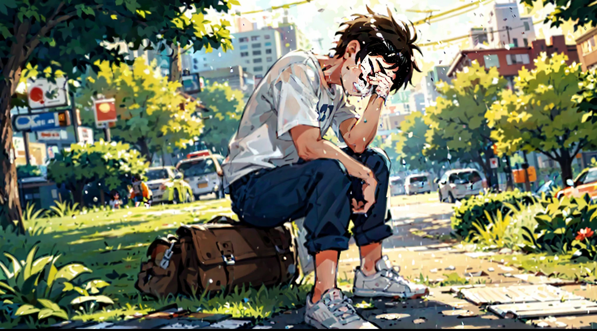 anime image of a man with white t shirt,crying in the rain,in the park 