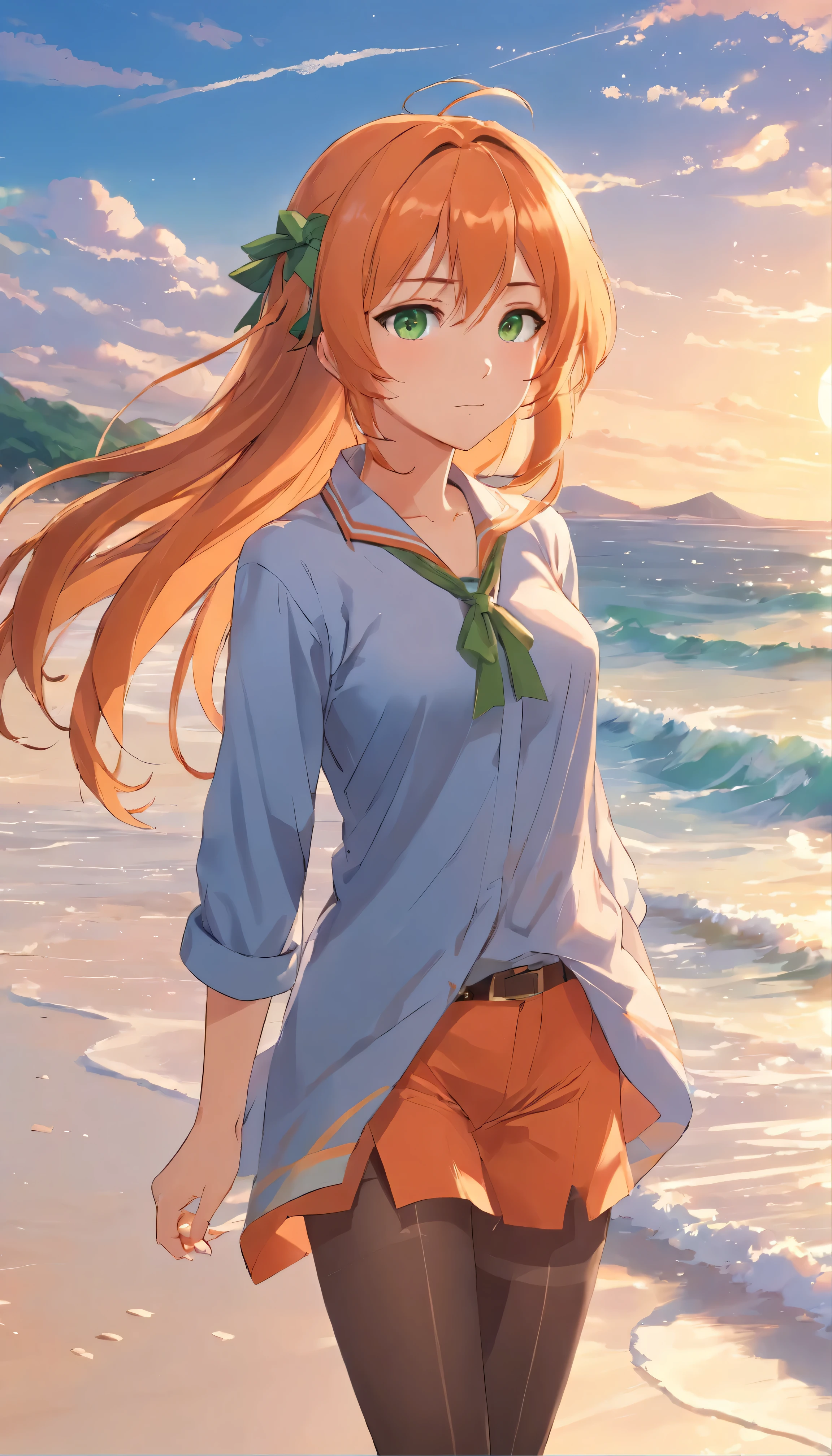 Anime girl with long orange hair, standing on the beach near the ocean, green eyes detailed digital anime art, anime girl with long hair, гладкое аниме cg art, anime girl with long hair, digital anime art, work in Guweiz style, Beautiful anime portrait, Photorealistic render of an anime girl, pantyhose, Beautiful anime girl, advanced digital anime art, guweiz на artstation pixiv HD UHD HQ
