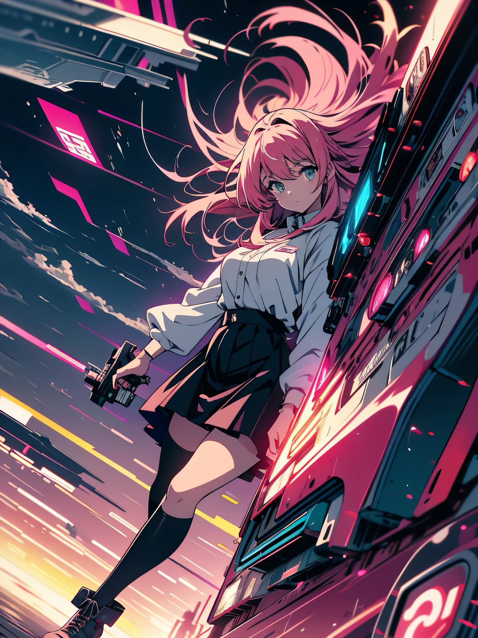 (High resolution, highest quality, masterpiece), very high quality, (be familiar with、shining eyes), anime, An illustration, fantasy, hard rock girl, so beautiful、cute, pink wavy hair, side blade, mini skirt, knee high socks, Engineer boot, background:Cyberpunk City Galaxy 、(美しいanime)