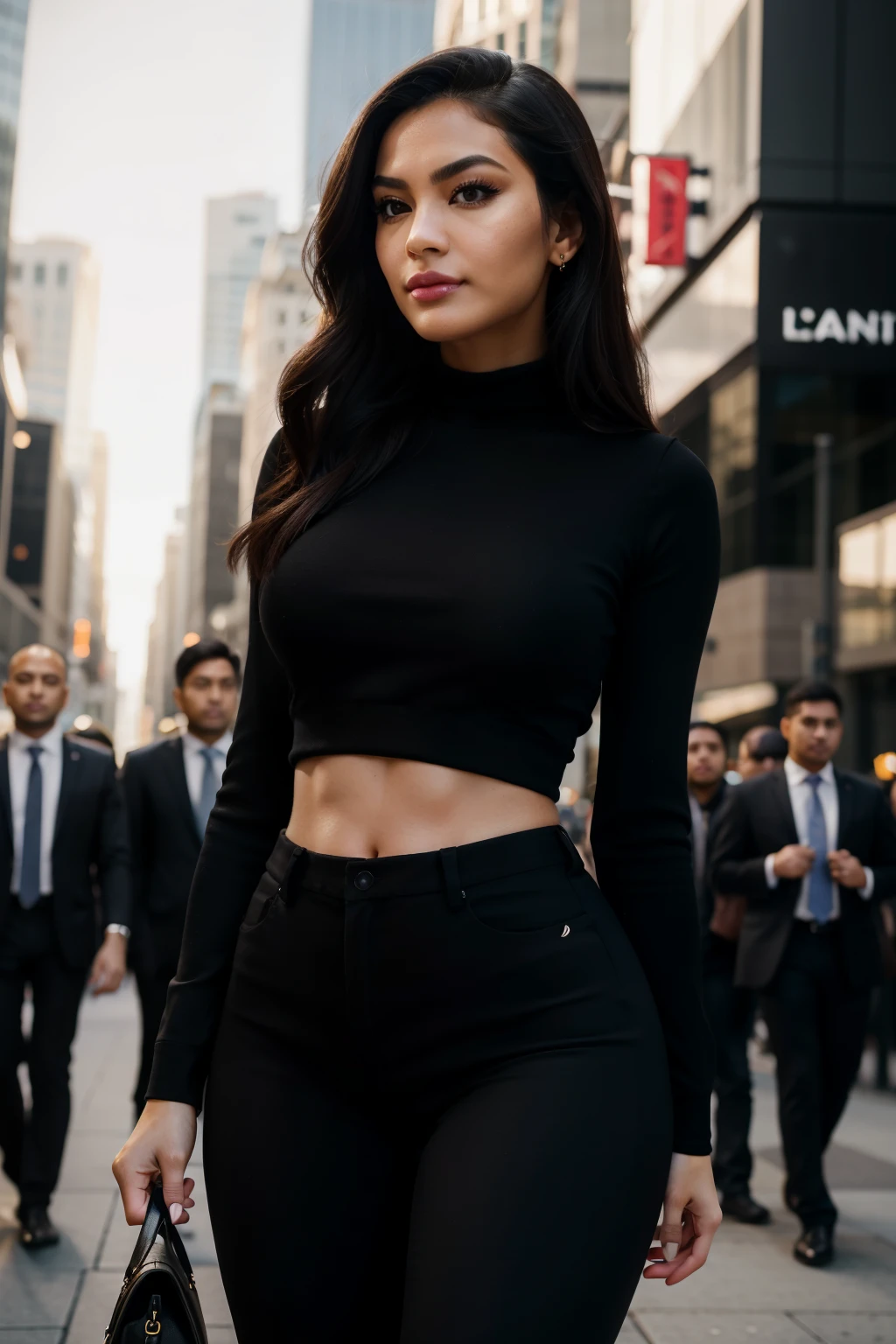 In the midst of a bustling corporate district, a skinny businesswoman, of random ethnicity, exudes effortless cuteness as she confidently strides through the crowd. With her widest hips forming a striking trapezoidal shape, she astounds onlookers in her jeggings, epitomizing corporate luxury and defying stereotypes. Her high-resolution features, each detail meticulously captured in this random angle shot, reveal her pouty lips adorned with bold black mascara. The depth of field at 24mm f2.8, expertly framed through the Leica lens, showcases her every curve under the dramatic and captivating lighting