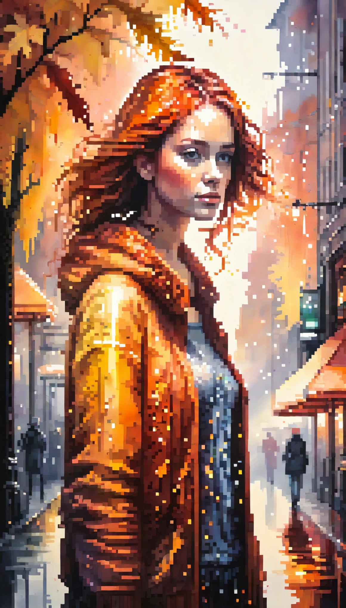 Pixel art, woman with agnes cecile, glowing design, pastel colors, ink drops, autumn lights, pixel art
