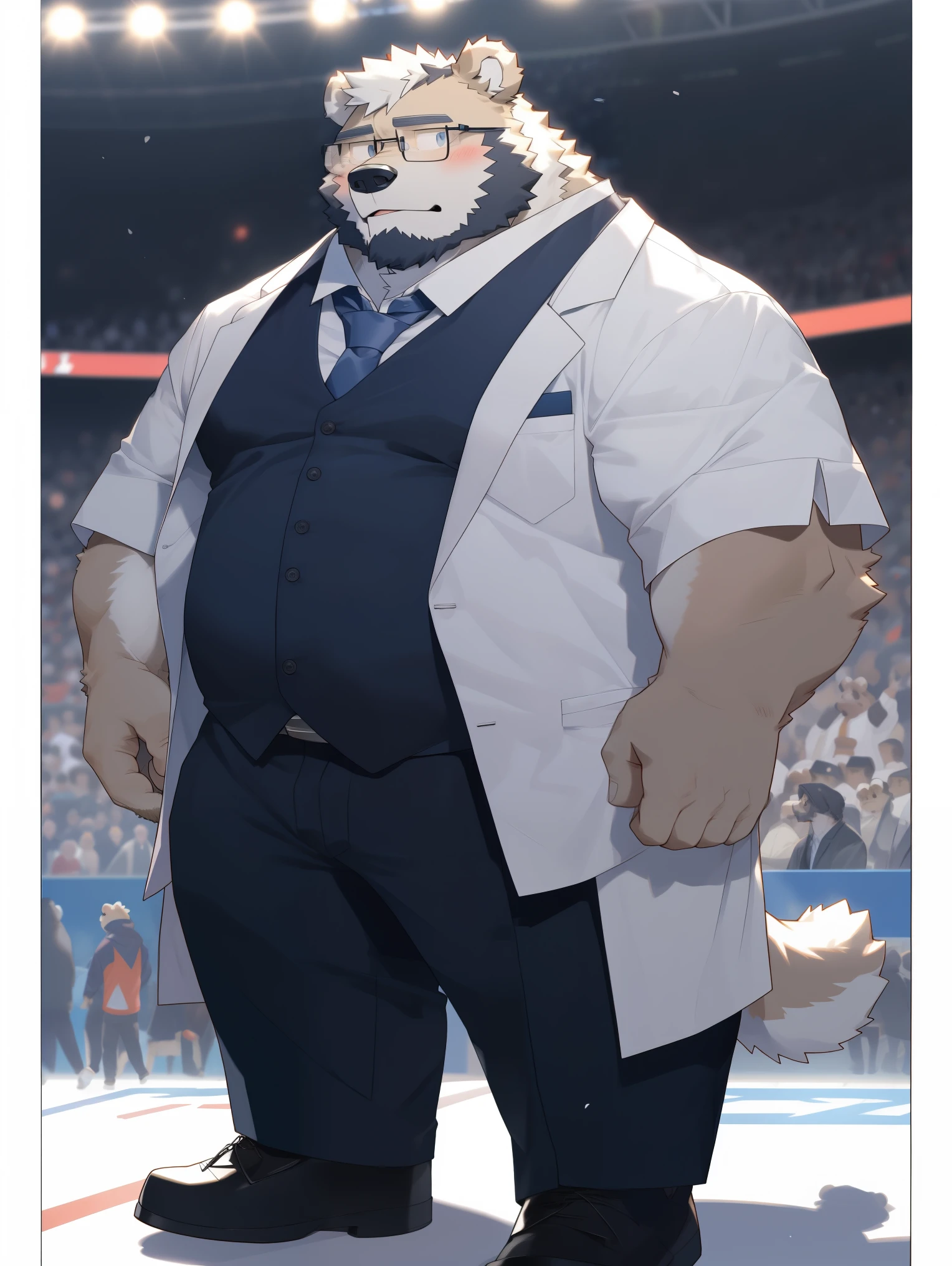 hairy,(Bear,white fur,light fur,Light-colored fur,Light trench coat,white underwear,),huge football stadium,Stand in the audience,Light,black glasses,cute expression,Holding a book in one hand,The other hand pushes up the glasses,Secondary sexual characteristics are obvious,Slightly fat,极其lifelike阴影,masterpiece,Very detailed,lifelike