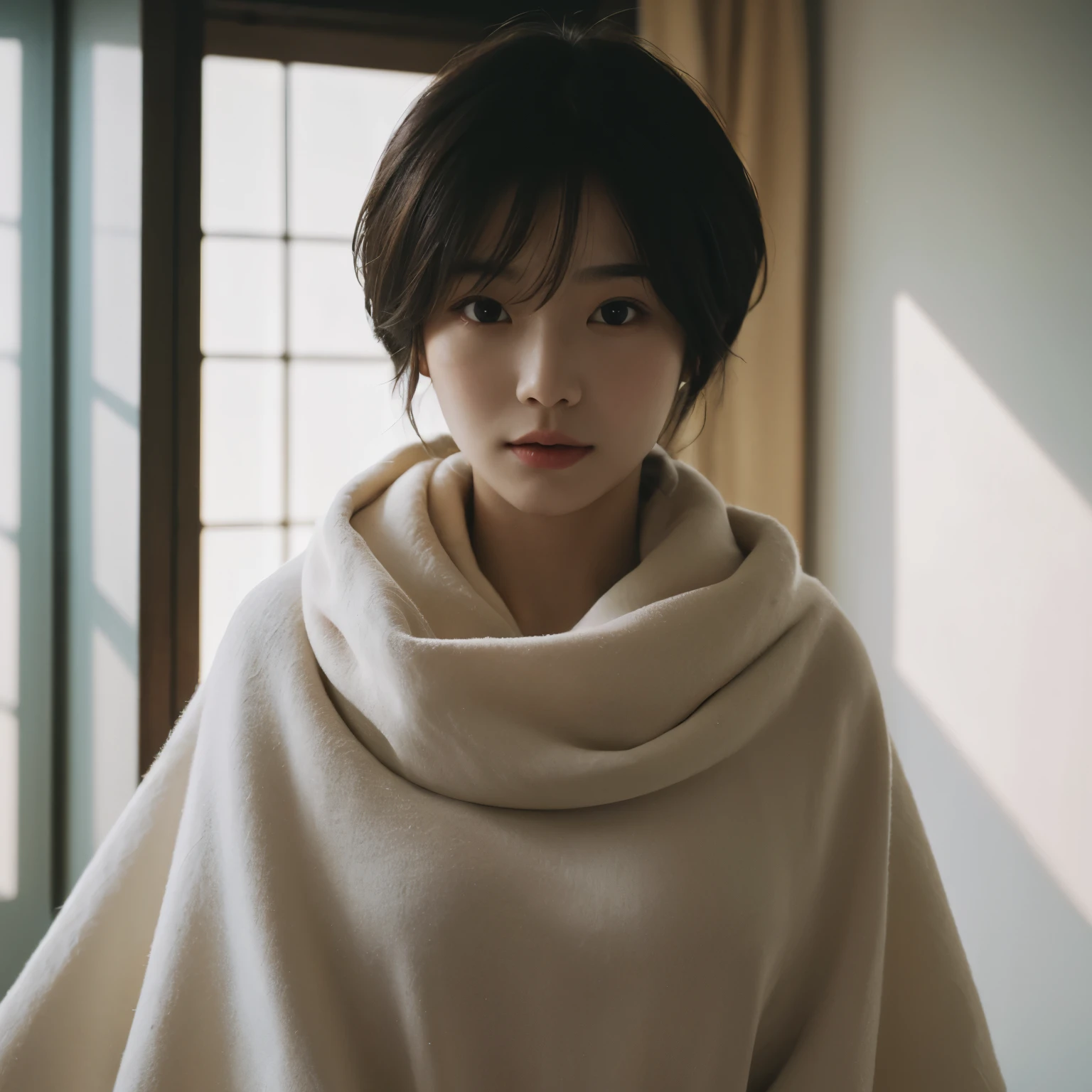Best quality, masterpiece, ultra high res, (photorealistic:1.5), raw photo, 1girl, naked and covered up with blanket , in the room with open windows, light shadow, low key, warm light, sexy look, short hair, asian face, Chinese face