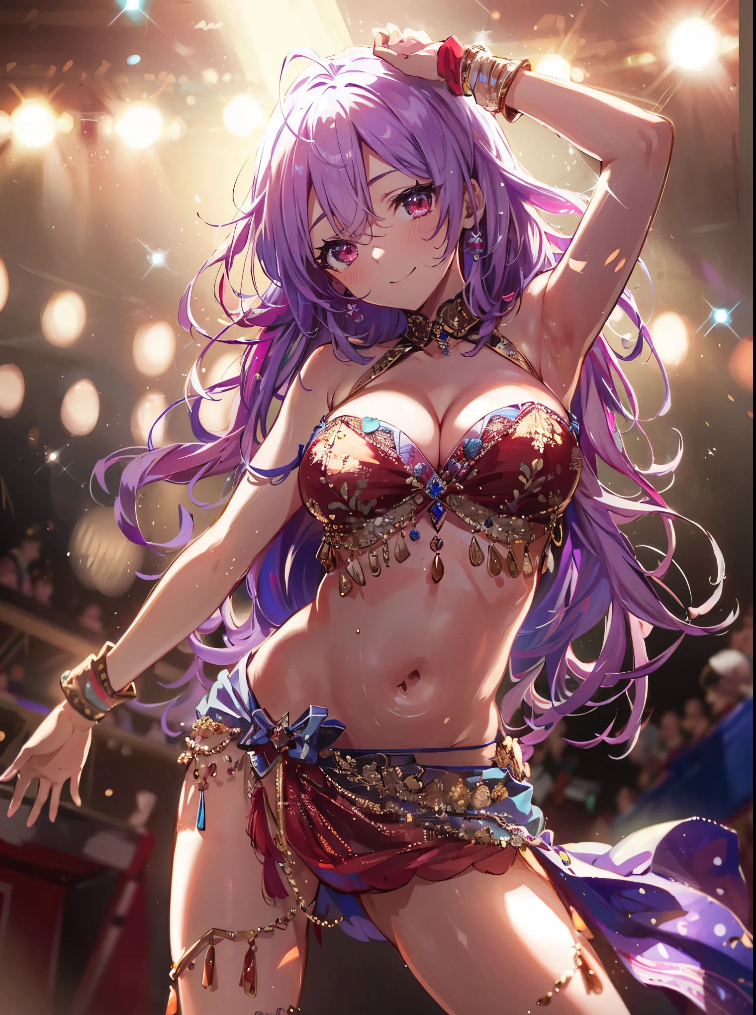 high quality, ultra detailed, best quality, insanely detailed, beautiful, masterpiece, 1girl, stage, spot light, red eyes, long hair, light purple hair, belly dancer, bare legs, bashful smile, dancing, large breasts, cleavage, soft stomach