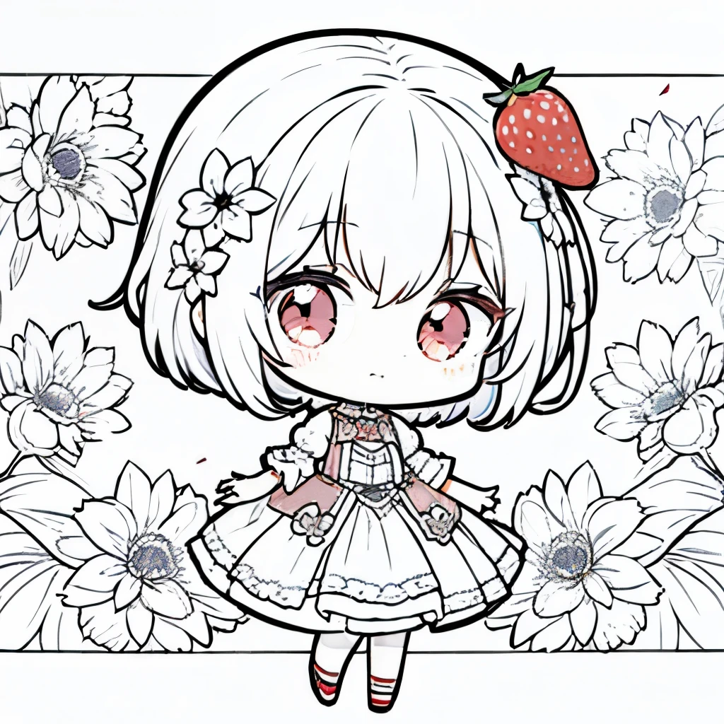 Cute anime chibi,full body,with flower and strawberry background,lineart only