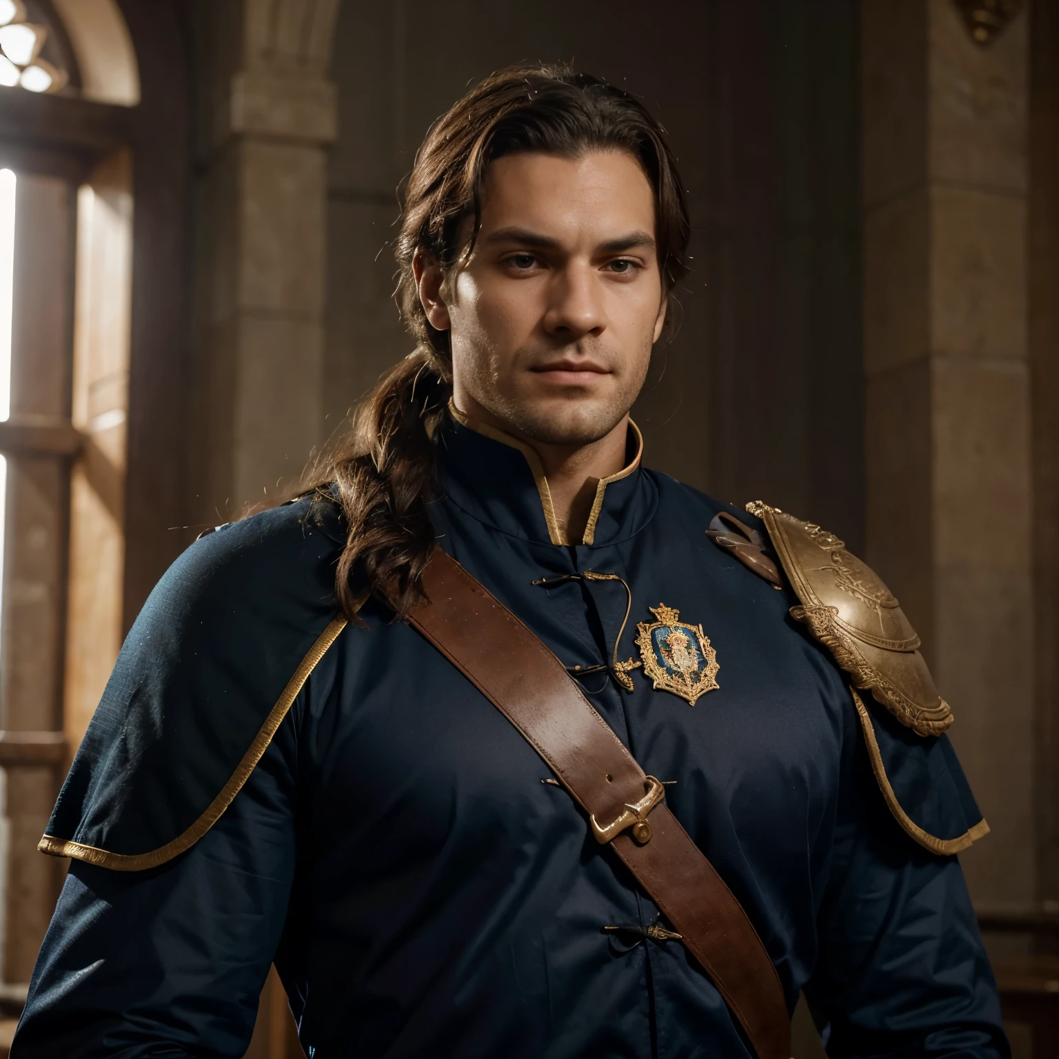 **Detailed Description of Harry Fitzroy:**

Harry Fitzroy is an imposing man, com cerca de 1,85m tall and a robust build that denotes his physical strength. His broad shoulders and upright posture convey an aura of authority and confidence.. Her dark hair cascades down to her shoulders, often tied up in a ponytail to keep them out of the face during combat. Seu rosto angular exibe as marcas da guerra: cicatrizes que testemunham as batalhas que travou e os perigos que enfrentou.

Harry&#39;s eyes are intense and penetrating, a deep blue that contrasts with the darkness of his hair. They capture the attention of anyone who encounters them, revealing the fierce determination and wisdom accumulated over years of combat experience.

Vestido com sua armadura de batalha, Harry looks like a legendary knight straight out of epic tales. His armor is made of polished steel, adornada com detalhes dourados que refletem a luz do sol. Um manto escarlate, embroidered with your family coat of arms, flows behind him as he rides, adding a touch of nobility to your imposing figure.

Despite his intimidating appearance on the battlefield, Harry is known for his kindness and loyalty to his friends and allies. Your smile is rare, mas quando aparece, illuminates his face with a welcoming warmth that contrasts with his serious expression during the war. He is a man of few words, But your actions speak volumes about your character and determination.

