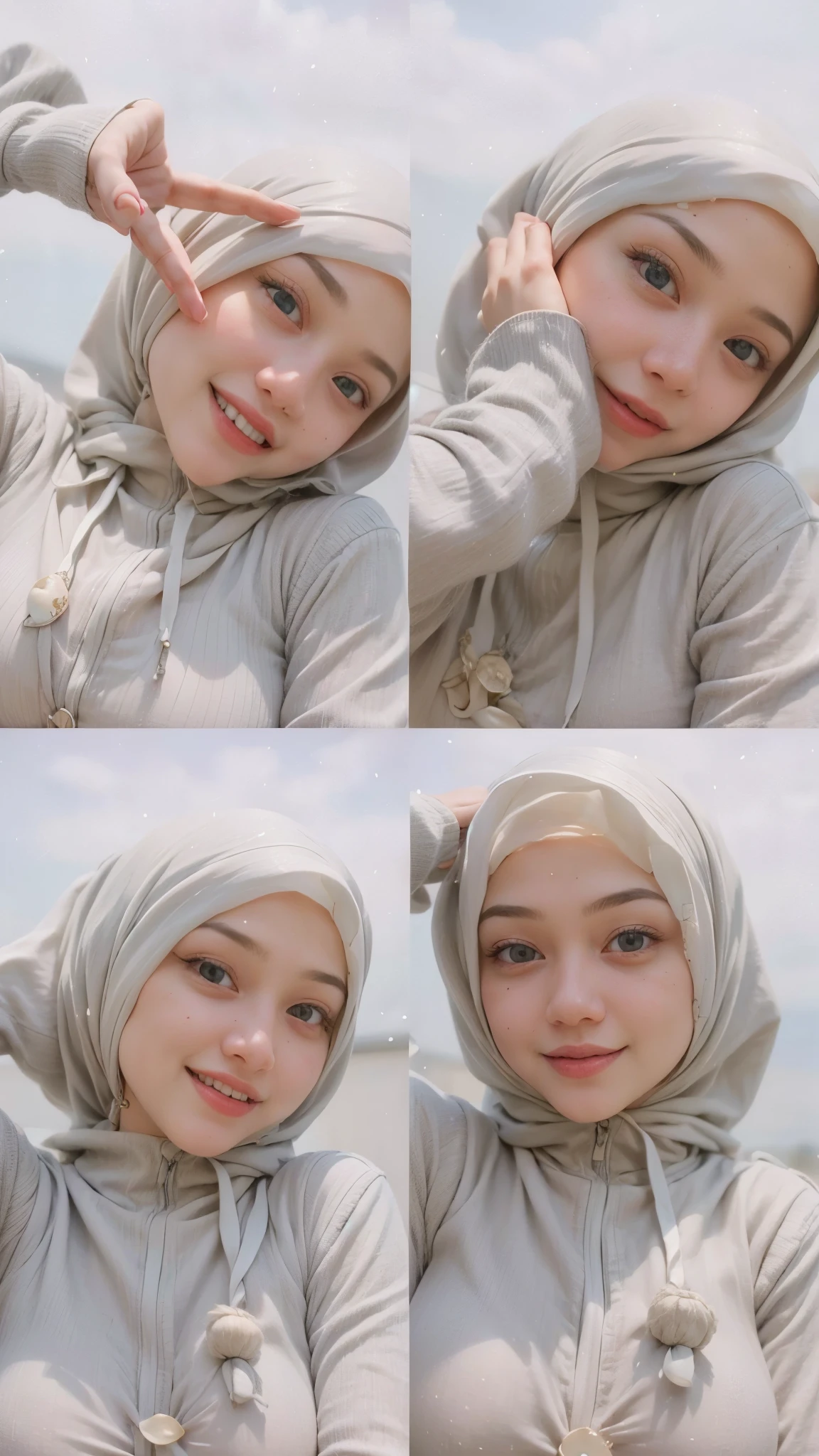 masterpiece, (ultra-high-definition portrait, vignet:1.4), Realistic, extremely detailed, CG unified, 8k, Clean lines, highly detailed, High-definition, raw color photos, she is smiling, Realistic portrait, Cinematic Light, Beautiful detailed, (1hijabgirl, indonesian:1.5), (165cm tall, big breasts with very very tight clothes:1.5), Beautiful big breasts, breasts details, very tight, (Biggorgeous breast, Horny smile with Horny look:1.5), (Horny face, Big Breast:1.4), Close up of a girl in Beautiful clothes with errcted nipple, biggorgeous breast, Soft smile, scarf, (Beautiful Tight Clothing with curvaceous body:2), pose 4 of 1 6, Undress, No bra, (nipples that are clearly sticking out detail:1.2), Outdoors, high intricate detailed.