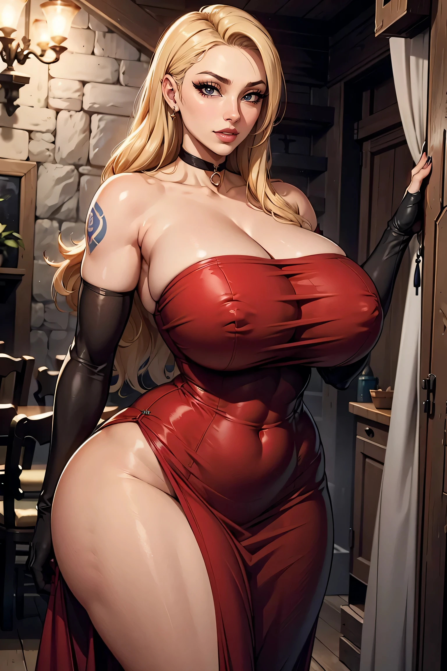 Lucy_Heartfilia, planturous woman, erotic, curvy, large breast, thick hips, red dress, long dress, strapless dress, long white elbow gloves, smile, light red lipstick, dark purple eye shadow, makeup, black choker, cowboy shot, long hair, brown eyes, blonde hair