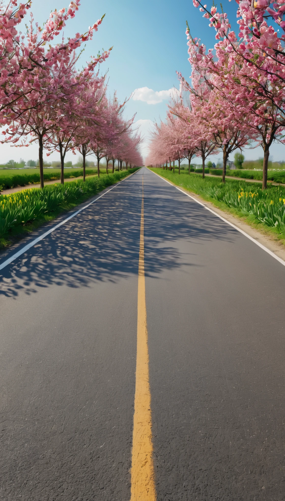 medium shot，The vanishing point is in the center of the screen，Perspective point is in the center of the picture，Beautiful road along the river，asphalt road，[[floret]]，peach tree，Greenbelt，tulip，high details, high quality, super detail, UHD, masterpiece, ccurate, best quality, 16k