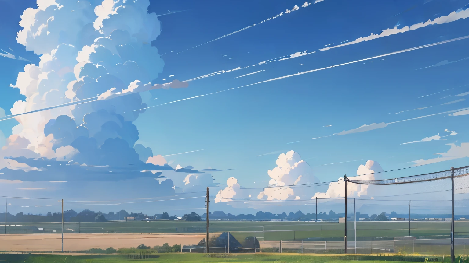 Close-up of the wire mesh in the foreground、Airfield in the back、summer、cumulonimbus、Airfield and blue sky through wire mesh