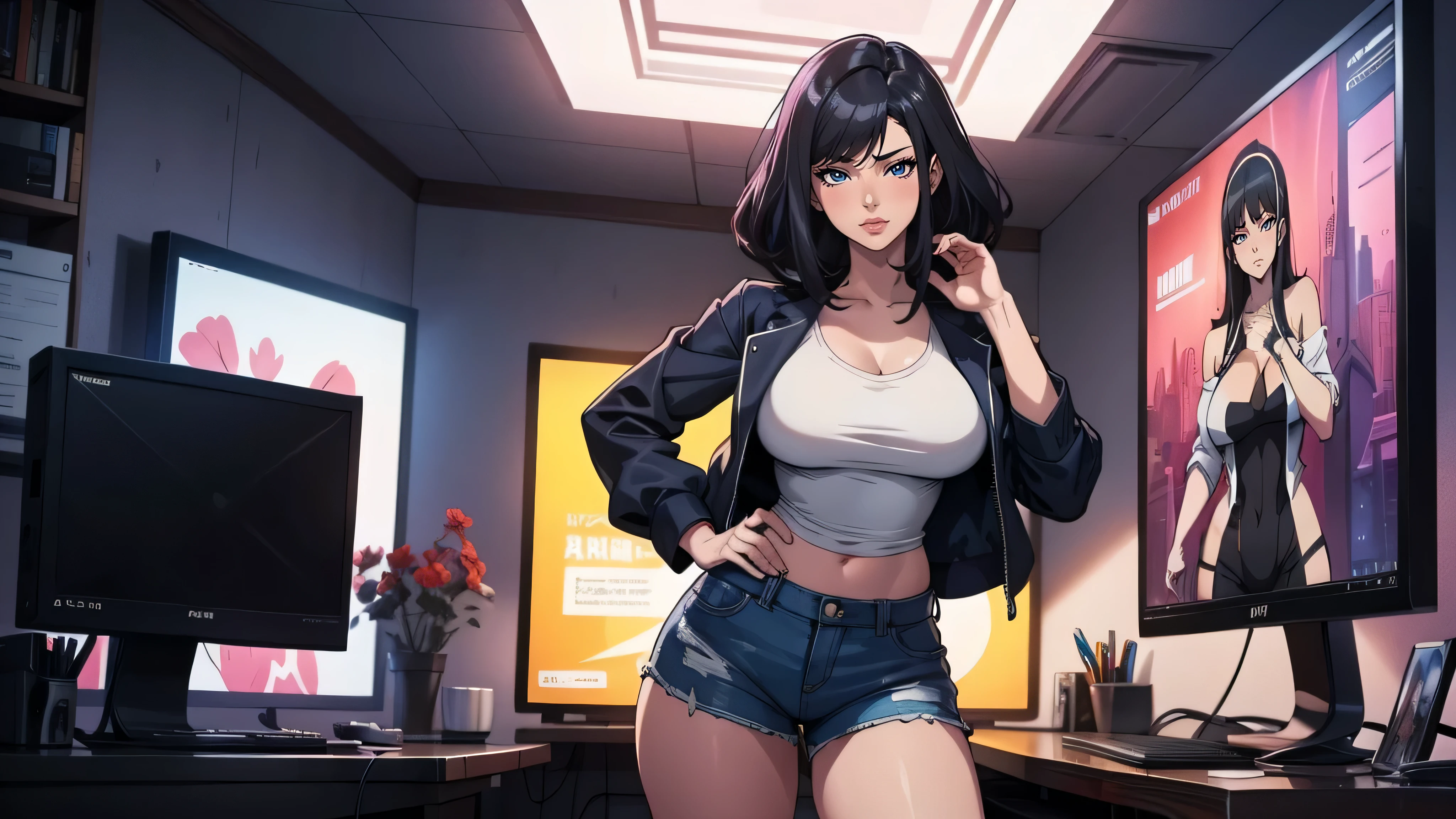 Anime girl with black hair and blue shorts posing in front of a monitor, 8k, digital illustration, seductive, anime vibes, artwork in the style of digital artist Zheng Wei Gu, [4k digital art], high-quality art style.