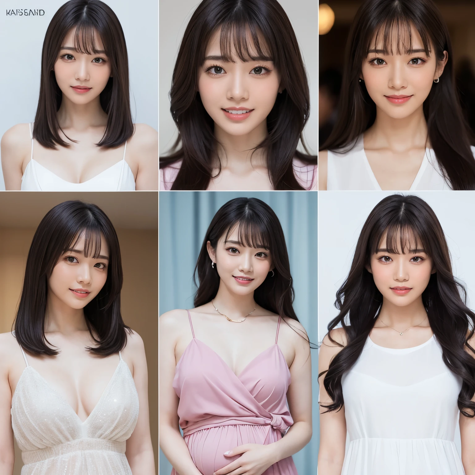 (highest quality、table top、8K、best image quality、Award-winning work)、(1 pregnant woman:1.1)、(slightly pregnant:1.1)、(solo:1.2)、(Multiple divided photos:1.2)、(Multiple photos of the same woman from different angles:1.5)、classy maternity clothes、(Fixed front configuration:1.1)、(strongly blurred background:1.1)、(Strongly blurred background:1.1)、(very bright and refreshing:1.1)、emphasize body line、(the best smile looking at me:1.1)、(Please smile and show your beautiful teeth:1.1)、perfect makeup、With bangs、Ultra high definition beauty face、ultra high definition hair、Super high-definition sparkling eyes、Super high resolution glossy lips、(accurate anatomy:1.2)、(very bright and vivid:1.1)、(Full body photo of a standing woman:1.5)、(shiny skin:1.1)、(Ultra-high definition bright and beautiful skin:1.1)、Super high definition beautiful teeth、ultra high definition hair、Super high-definition sparkling eyes