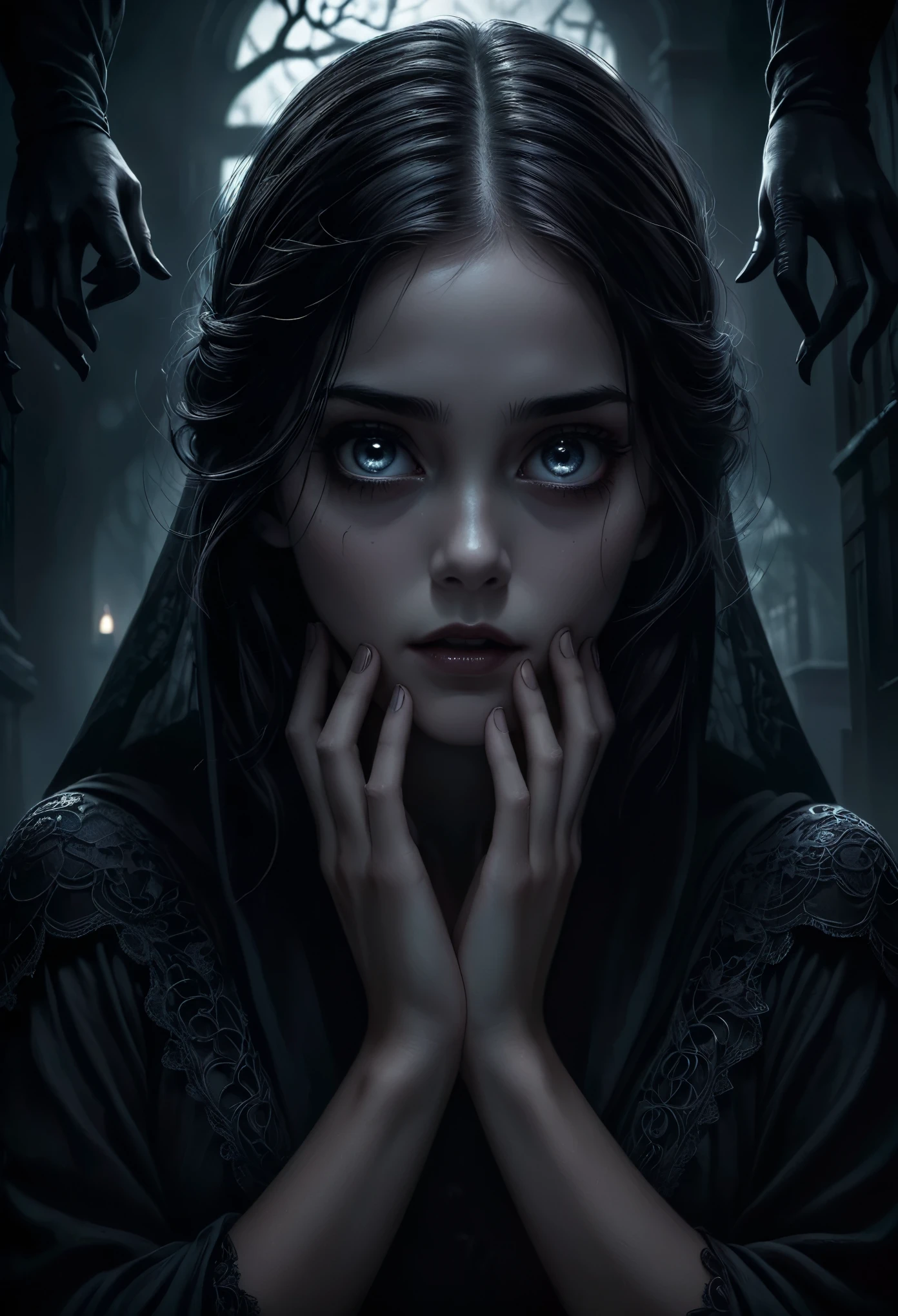 (best quality,4k,8k,highres,masterpiece:1.2),ultra-detailed,(realistic,photorealistic,photo-realistic:1.37),dark,ominous,horror,concept artists,creepy,folding hands,grim hands,many hands:2,terrifying fantasy background,female character,from behind perspective,detailed face,beautiful detailed eyes,beautiful detailed lips,extremely detailed eyes and face,long eyelashes,girl,spooky lighting,surreal atmosphere,folded hands,mysterious ambiance,hauntingly dark,dark shadows,captivating intensity,nightmarish,unsettling presence,suspenseful,petrifying,dark aura,dreadful,grim,ominous vibe,frightening fantasy setting,nightmare fuel