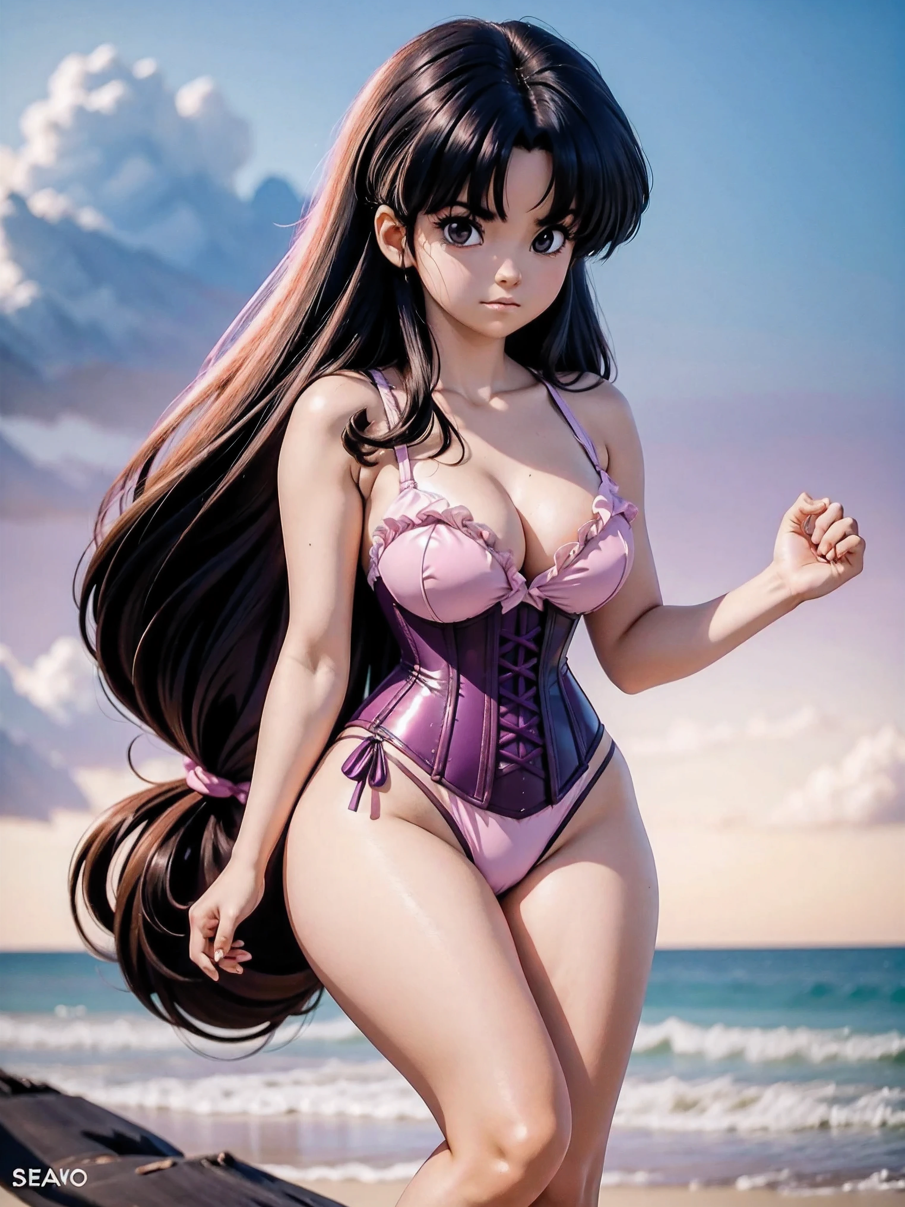 Dark hair anime girl with PINK E purple swimsuit and corset, 16 anos, corpo bonito, seios grandes, com as hands on chest, hands on chest, Garota sexy, purple cabelo, mechas de cabelo laterais, mechas de cabelo na lateral do rosto, beautiful lighting, sombras suaves, olhos azuis, pernas bonitas, cabelo curto, estilo anime, personagem Akane Tendo, Autora Rumiko Takahashi, Baseado em obra de Rumiko Takahashi, Anime Ranma 1/ 2, decote sexy, quadril robusto, corpo inteiro, corpo inteiro, busto grande, garota jovem com corpo belo e bonito, sandals on his feet, garota 16 anos jovem, usando maiô e corset COM CORES PINK E purple, garota anime, estilo anime, beautiful feet in sandals, 45° viewing angle, ao ar livre, peito grande, seios bonitos, cabelo preto, sandals on the feet, pernas bonitas, sexy, belas pernas, Sandalias, seios grandes, corpo completo, corpo inteiro, feet with sandals, realistic anime, saia, saia purple