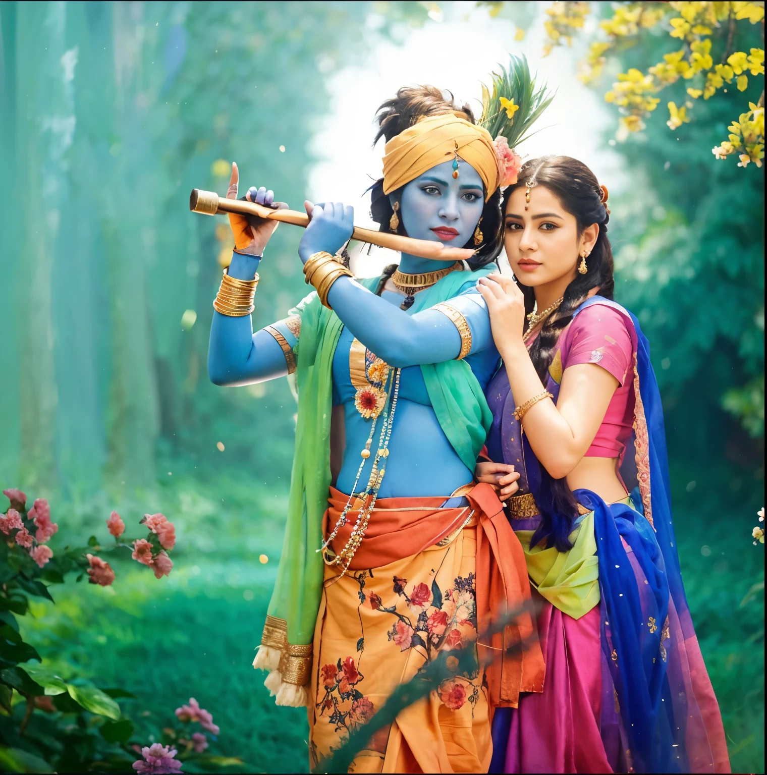 Krishna god sitting on earth with beautiful girls around him holding lotus
