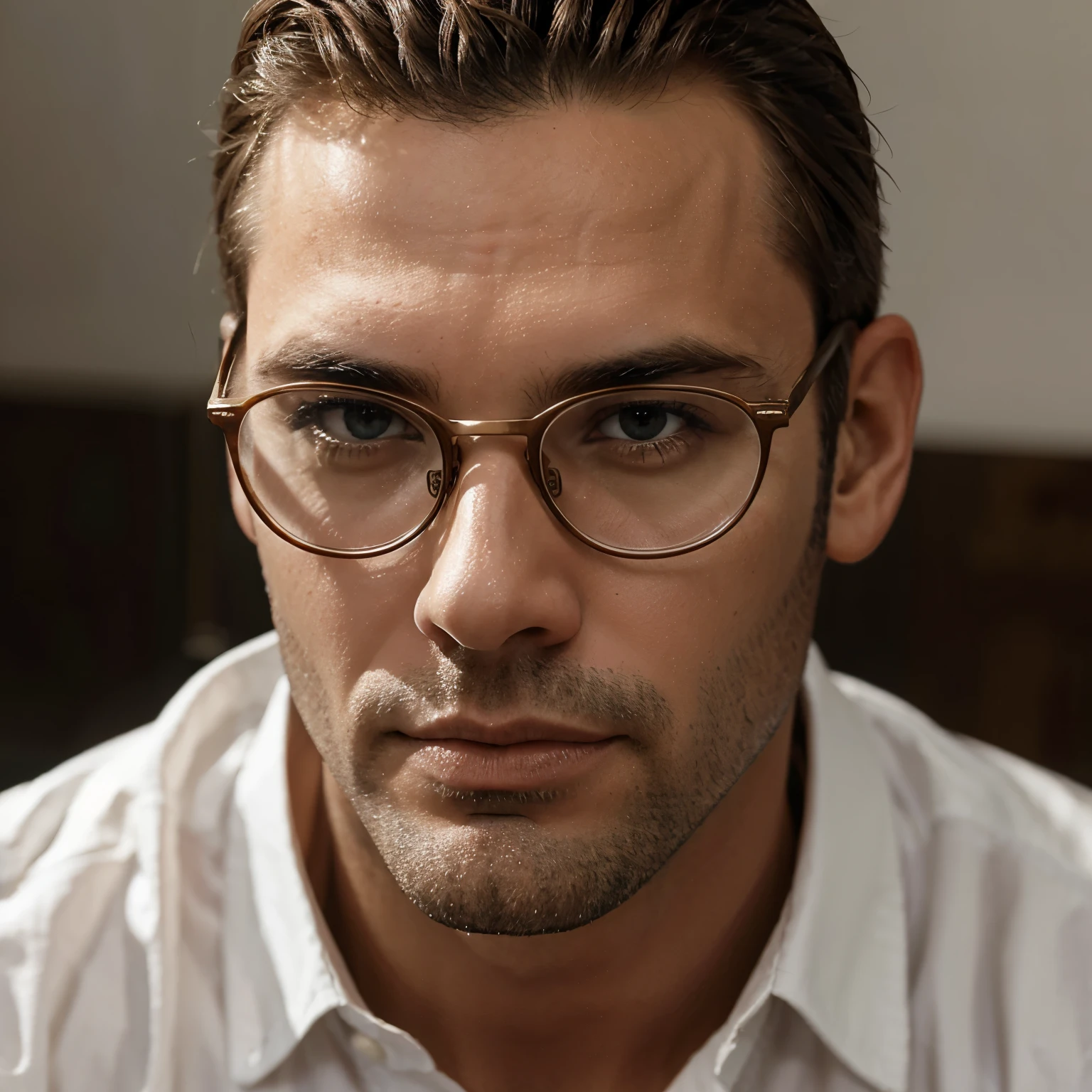 Modelo homem branco cabelos grisalhos, wearing glasses