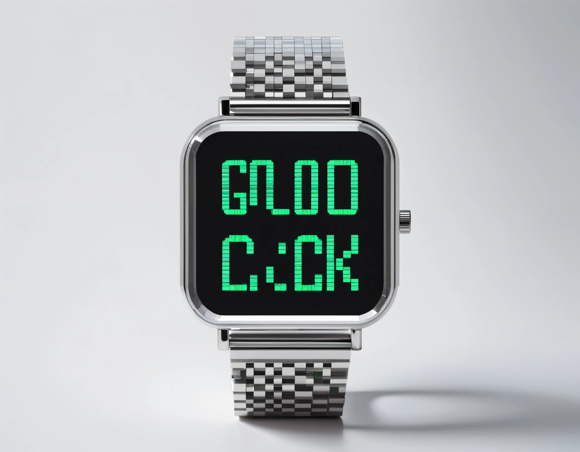 (Best Quality, High Definition, Ultra Fine), Pixel glass electronic clock with the word "Good Luck". The pixel art font on the watch is reminiscent of old school video games, limiting the number of characters in an 8x8 pixel grid where each character is equal in width. The pixel points of the letters are bordered or shaded to create a natural sense of spacing and depth. The letter "Good Luck" is transparent, allowing the background to show through. The letters are in red and green to represent "good luck".