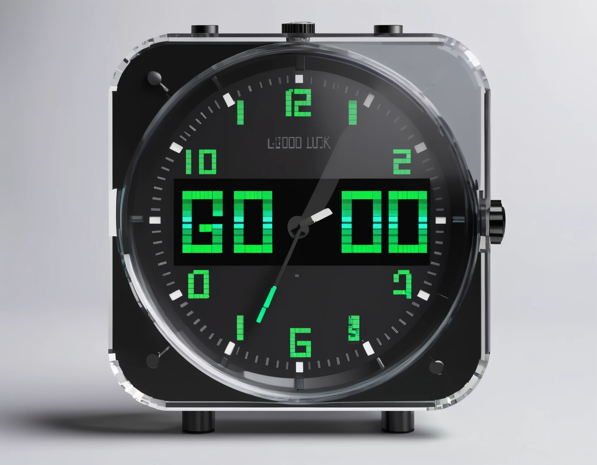 (Best Quality, High Definition, Ultra Fine), Pixel glass electronic clock with the word "Good Luck". The pixel art font on the watch is reminiscent of old school video games, limiting the number of characters in an 8x8 pixel grid where each character is equal in width. The pixel points of the letters are bordered or shaded to create a natural sense of spacing and depth. The letter "Good Luck" is transparent, allowing the background to show through. The letters are in red and green to represent "good luck".