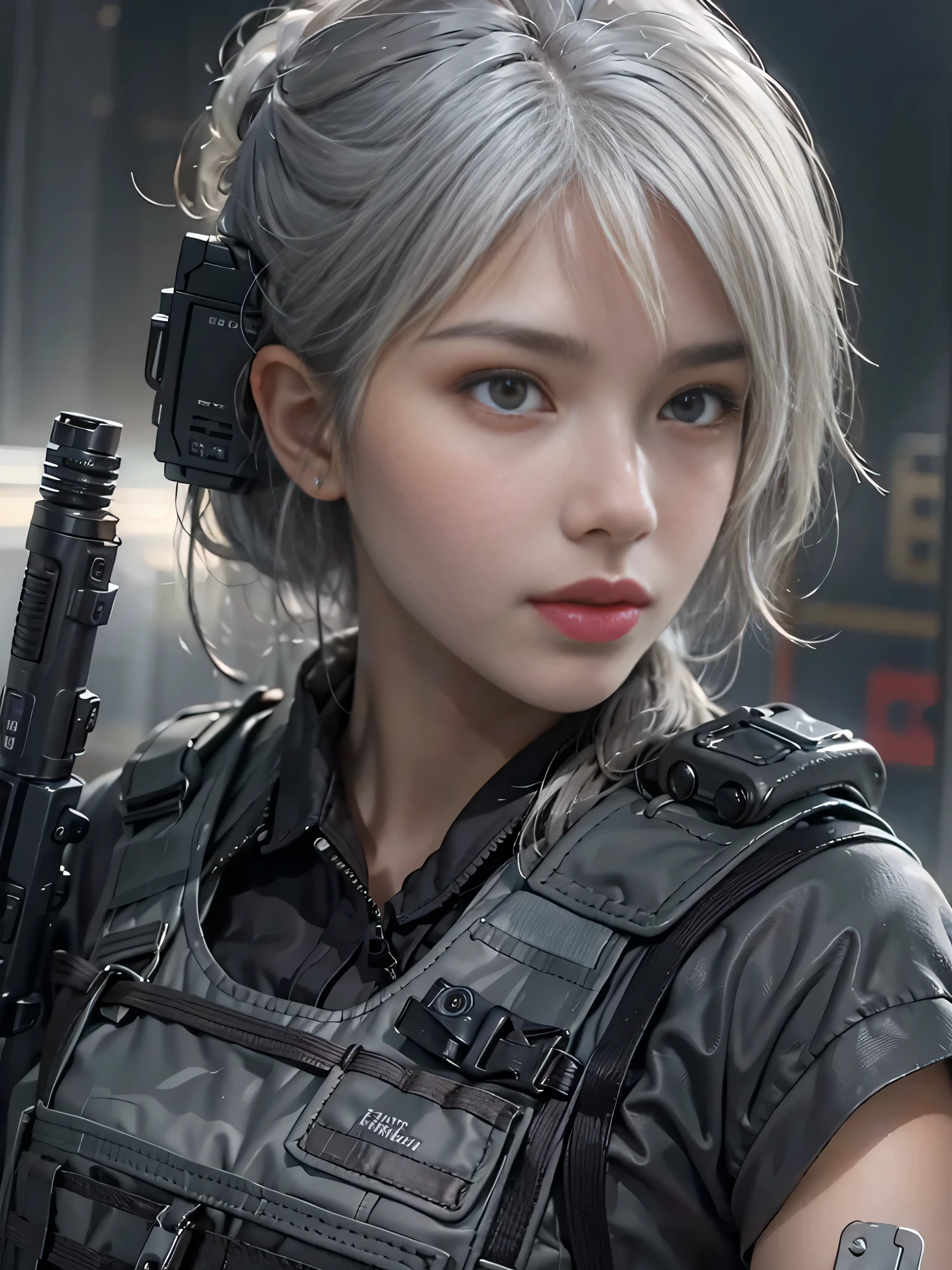 realistic, High resolution, 1 female, alone, hip up, view viewer, (detailed face), gray hair, SWAT vest, gun, jewelry