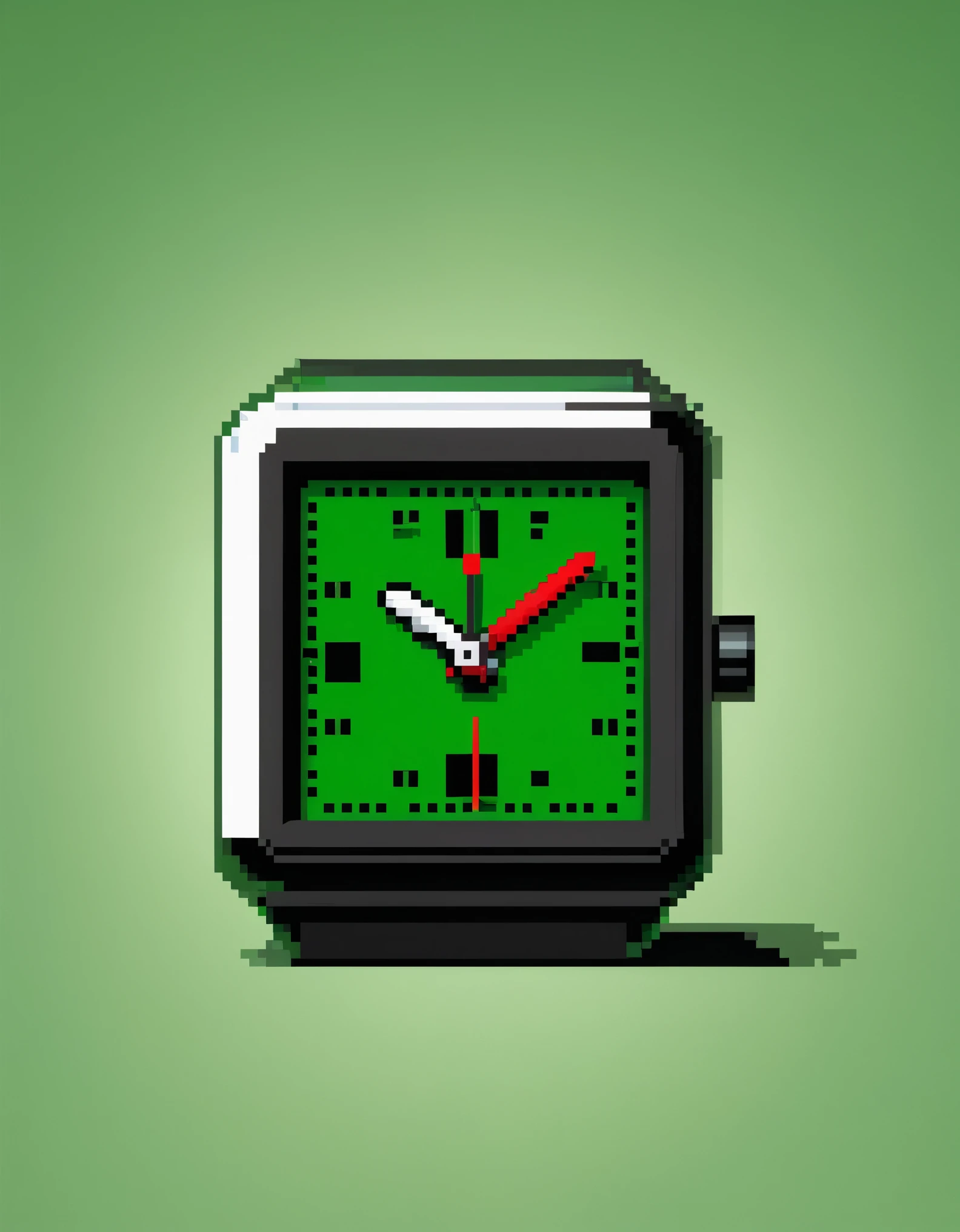 (Best Quality, High Definition, Ultra Fine), （Pixel glass electronic clock with the word "Good Luck"）. The pixel art font on the watch is reminiscent of old school video games, limiting the number of characters in an 8x8 pixel grid where each character is equal in width. The pixel points of the letters are bordered or shaded to create a natural sense of spacing and depth. The letter "Good Luck" is transparent, allowing the background to show through. The letters are in red and green to represent "good luck".background：green