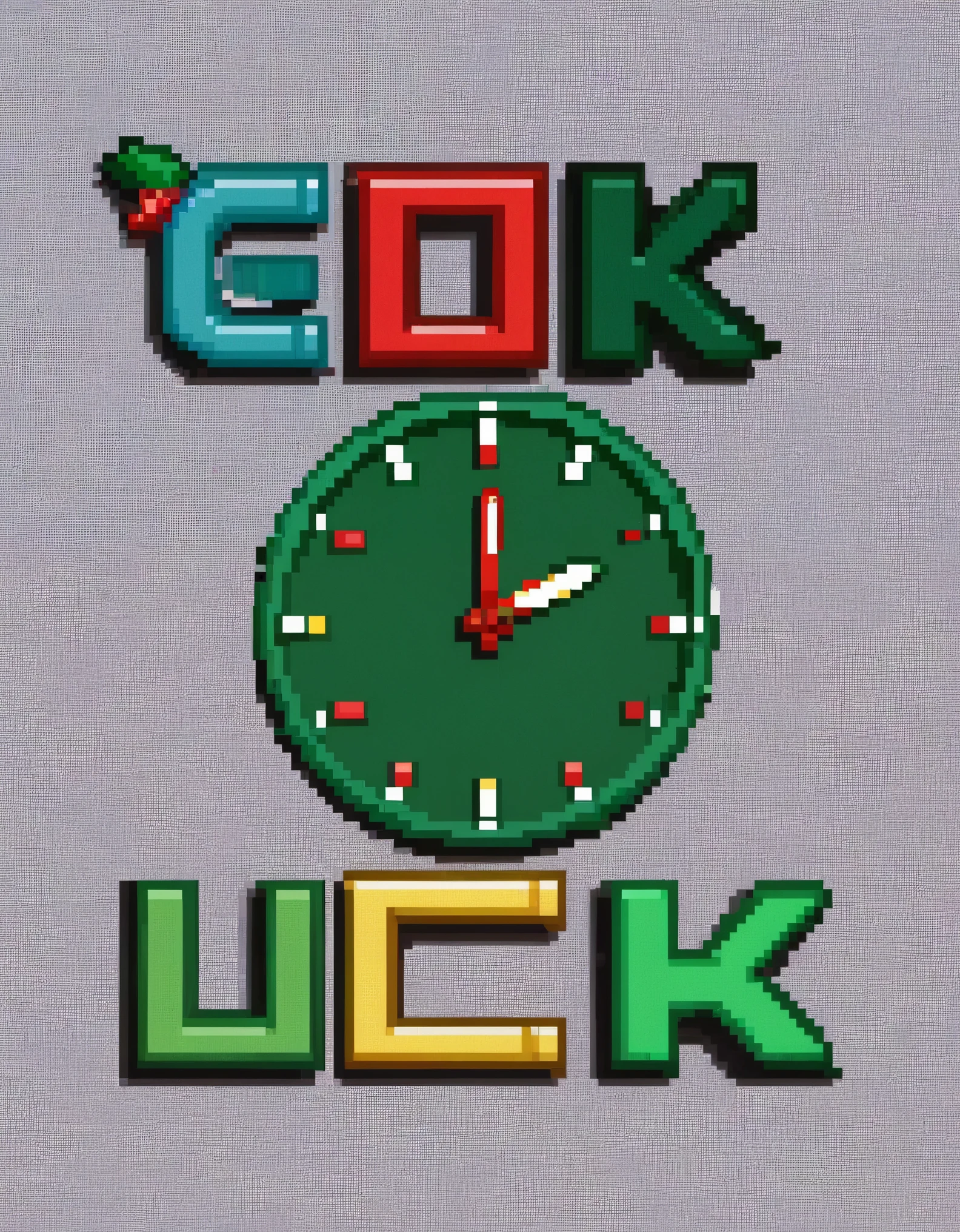 (Best Quality, High Definition, Ultra Fine), （Pixel glass electronic clock with the word "Good Luck"）. The pixel art font on the watch is reminiscent of old school video games, limiting the number of characters in an 8x8 pixel grid where each character is equal in width. The pixel points of the letters are bordered or shaded to create a natural sense of spacing and depth. The letter "Good Luck" is transparent, allowing the background to show through. The letters are in red and green to represent "good luck".background：green