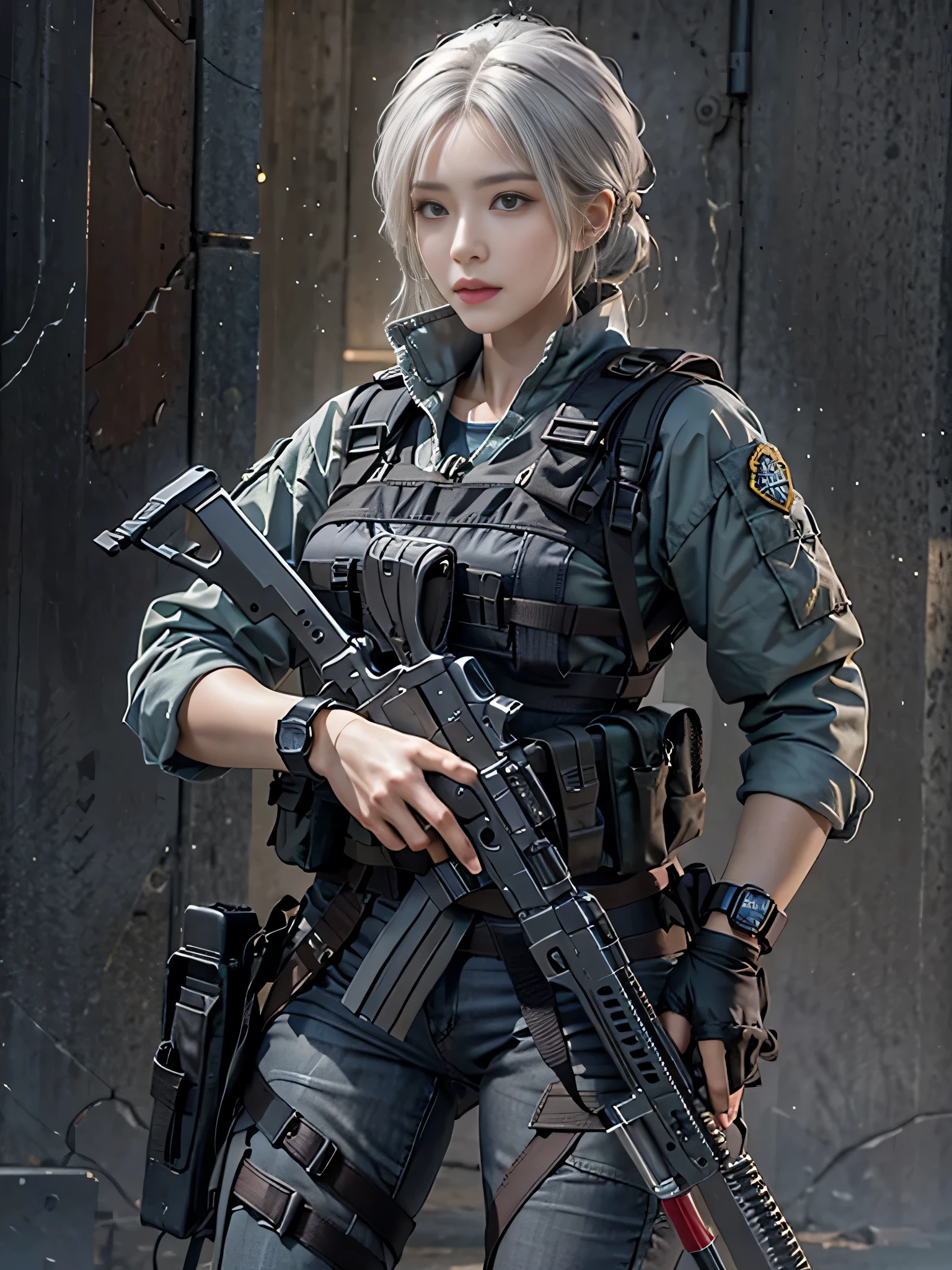 realistic, High resolution, 1 female, alone, hip up, view viewer, (detailed face), gray hair, SWAT vest, gun, jewelry