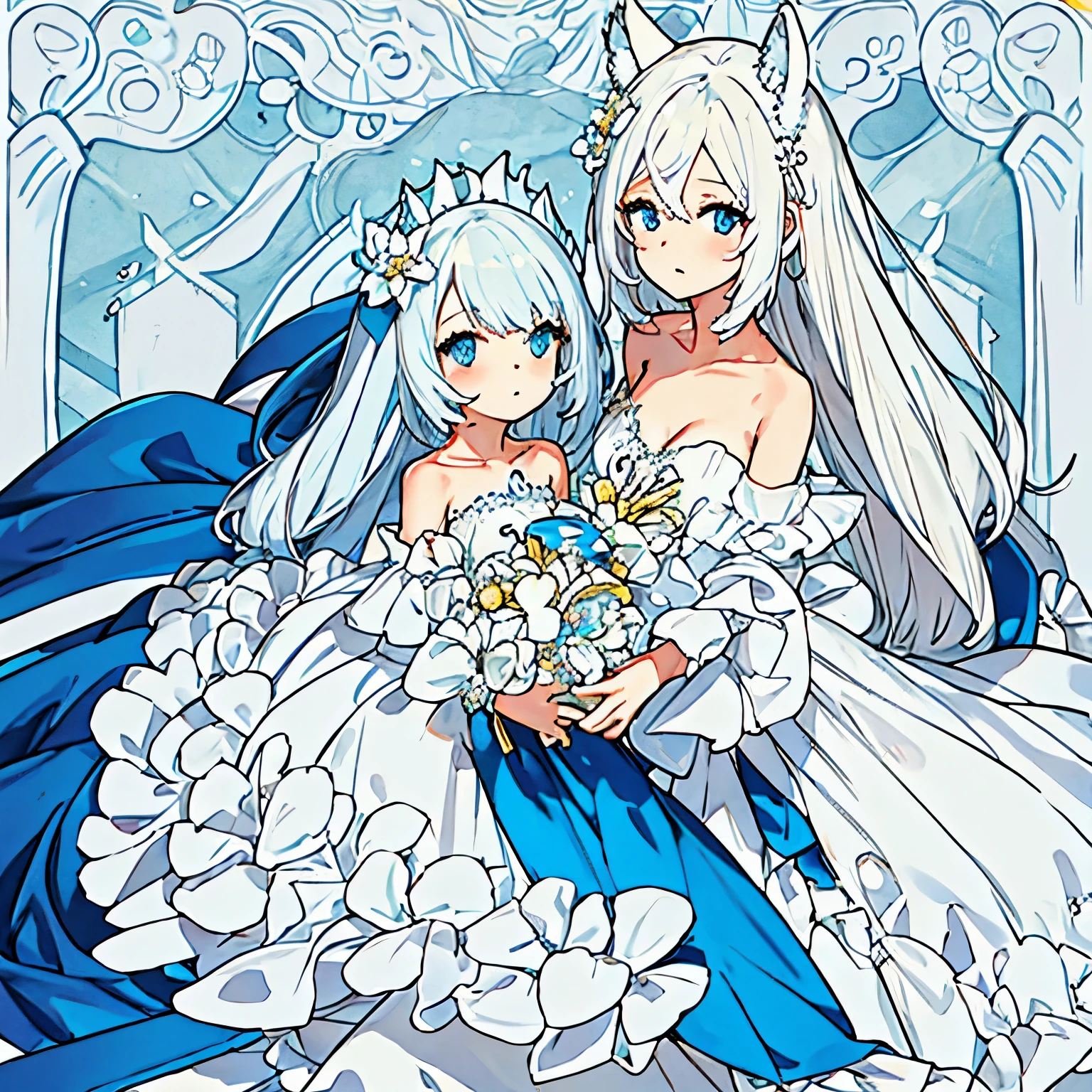 Chica furry, rubia, cabello largo, vestido de novia blanco y largo , tierna y hermosa, ojos azules, ramo de flores, cabello suelto 
