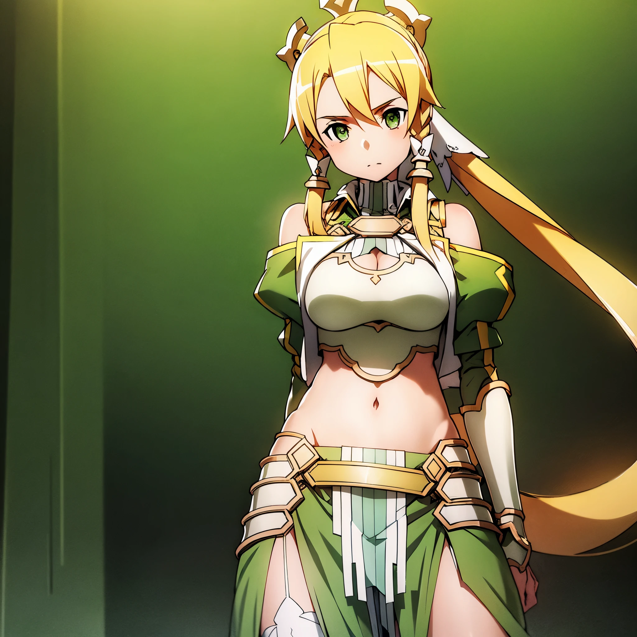 ((masterpiece)), ((best quality)), ************ girl, beautiful long blonde hair, beautiful green eyes like emerald, curvy, tall, exposed belly, exposed belly button, big breasts, shot from below, hold a long sword