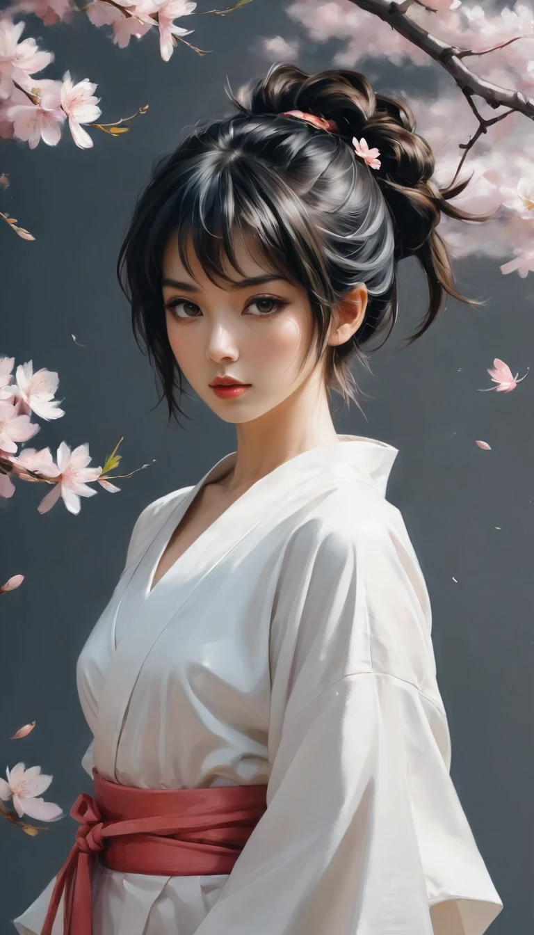 ((full body):1.2), smooth lines; Express expressions and postures through ink contrast, The background is a sakura garden. emphasize light, shadow and space. Drawing of Female Samurai, Supermodel Japanese Beauty. Black hair, (messy bangs hairstyle), ((maiden)), golden ratio face, perfect face, (attractive body), (fashion model body), ((wearing samurai robe):1.1), ((samurai battle stance):1.1), ((a Wakizashi dagger):1.1), fine art piece, figurative art, Dress neatly. sexy painting, Wallop | (best quality, 4K, 8k, high resolution,masterpiece:1.2), Super detailed,(actual, photoactual, photo-actual:1.37).