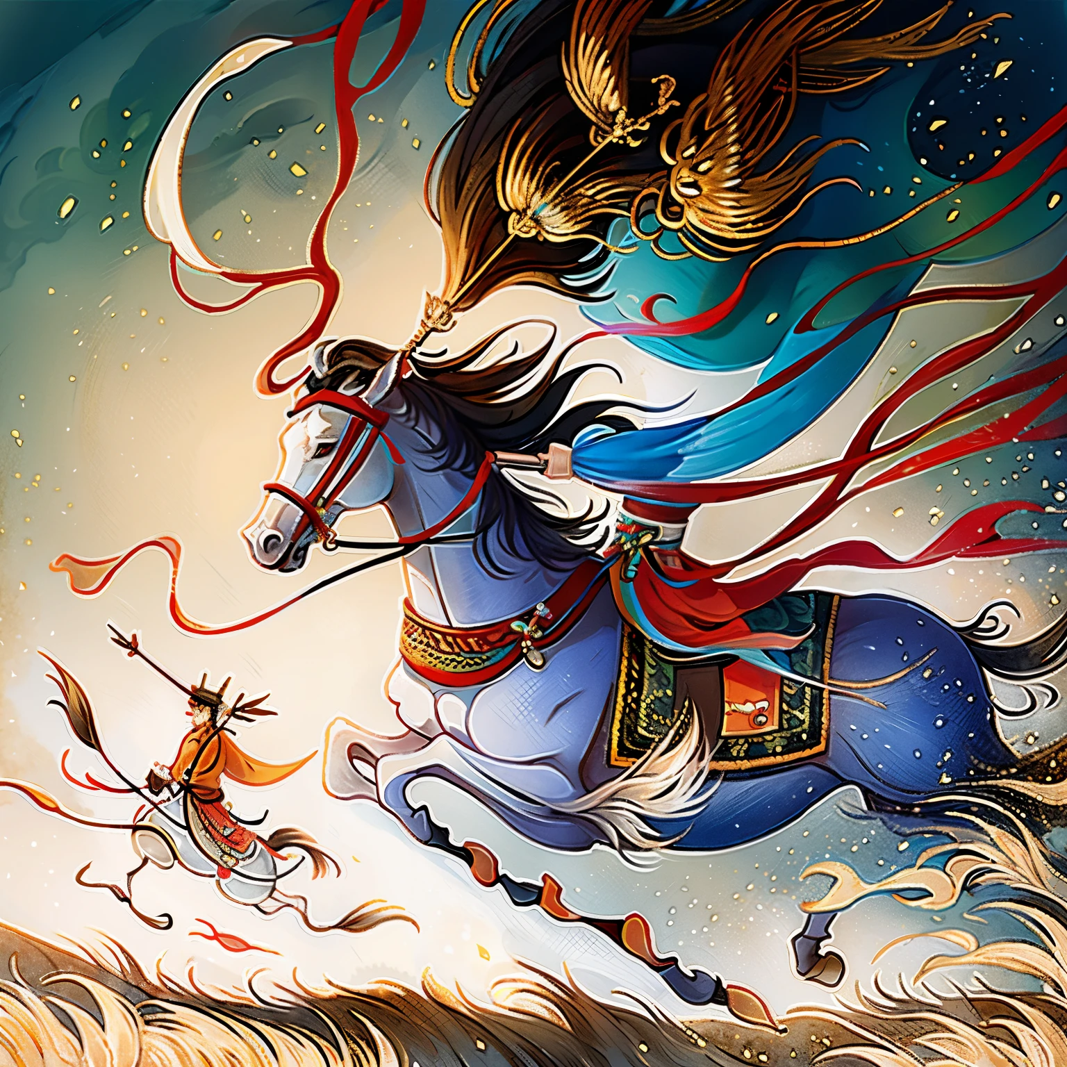 Chinese Antiquities,Man riding a horse on the grassland and carrying a bow and arrow,reed