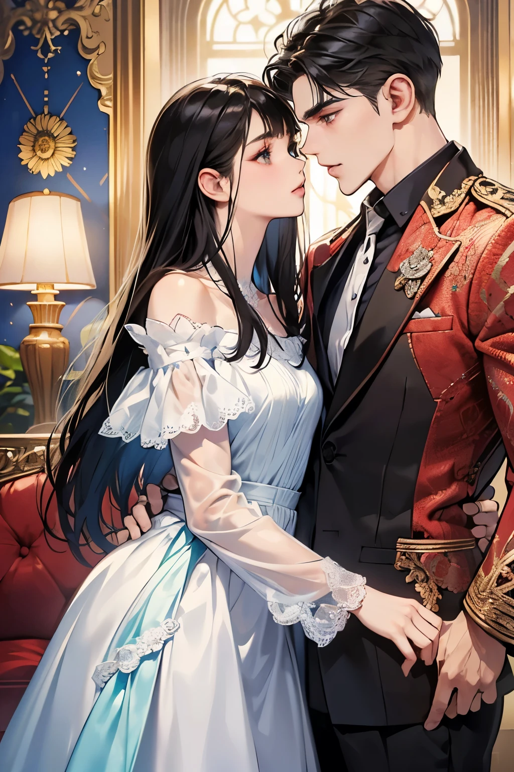 Happy couple, 1 girl 1 boy, different hair color, long black bang hair and purple eyes, short blonde hair and green eyes, face to face, romantic, in the castle, talking to each other, 15 years old, very detailed, more accurate, elegant dress