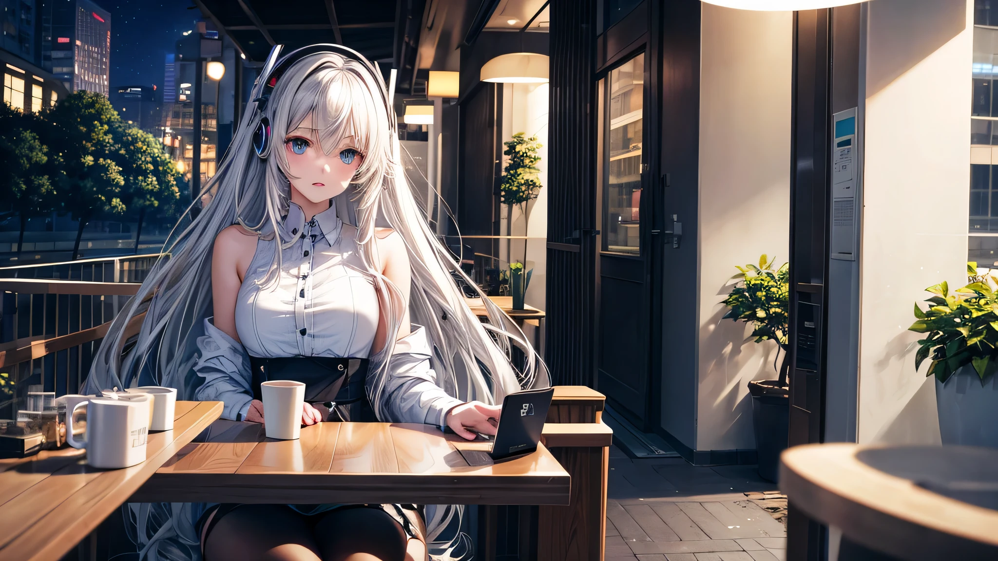 silver hair，super long hair，pale skin，Vocaloid style，headphones，sexy，Whitelita，Permeability，A person fits in an image,Night Cafe,19 year old girl,Touch your Mac,Starbucks,sitting in a chair,horizontal posture