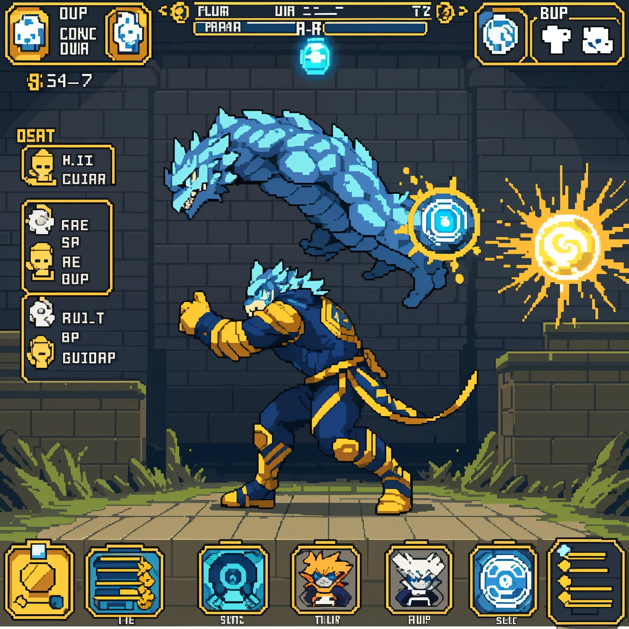 highres, absurdres(highly detailed beautiful face and eyes)perfect anatomy(kemono, furry anthro)(super handsome boy, solo, single)good lighting, cinematic shadow, detailed background, User Interface of Action game, dots game, pixel art, dungeon, Crisis, assorted poses, assorted expression, full body, sound effects, motion blur, from side,