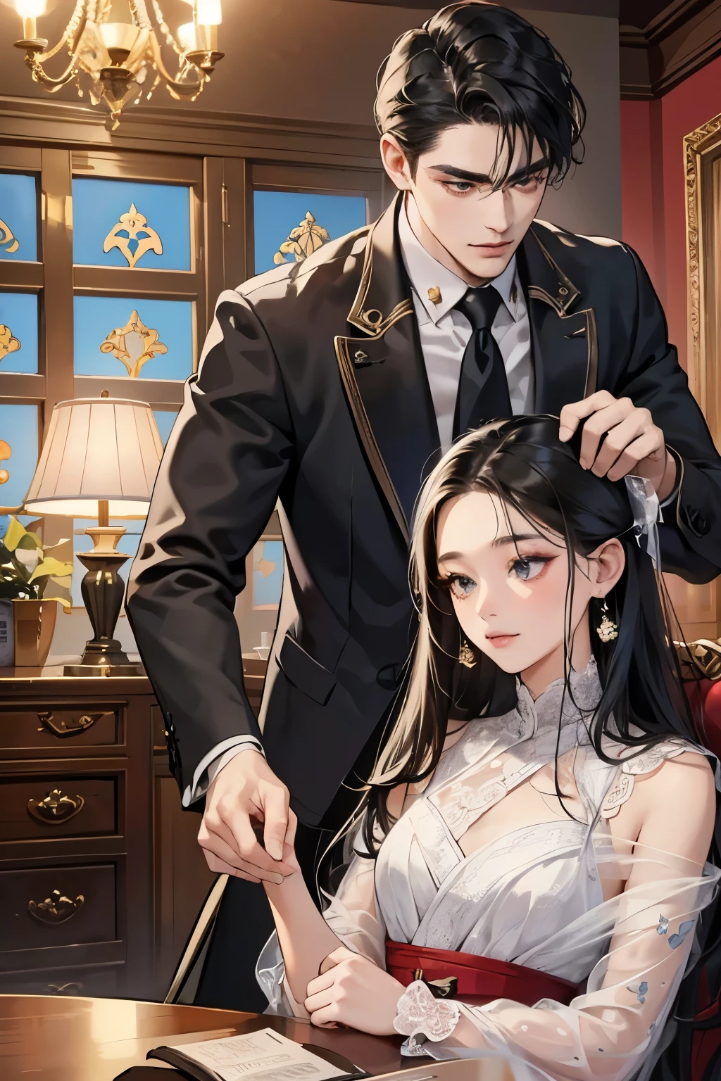 (table top, digital art, digital illustration, 4k, 8K, Super detailed, beautiful images, clear image, realistic, Raw photo, perfect face, perfect lines, perfect eyes, soft lighting) 1 female, (long black hair,straight hair、bullish look,Beautiful woman,suit,solid makeup,small breasts、23 year old female,:1.3),secretary, suitを着たハンサムな男性 2 人, (human,suitを着た男,muscular,solid shoulder width, human,boyish hairstyle,british gentleman's style,A man in his 30s with a cool expression,28 year old man with a bright smile:1.2),night office scene,antique furniture,antique clamp,antique chair,chandelier,party、couple、coupleキス、romance、romanceポルノ、look at each other、hug each other